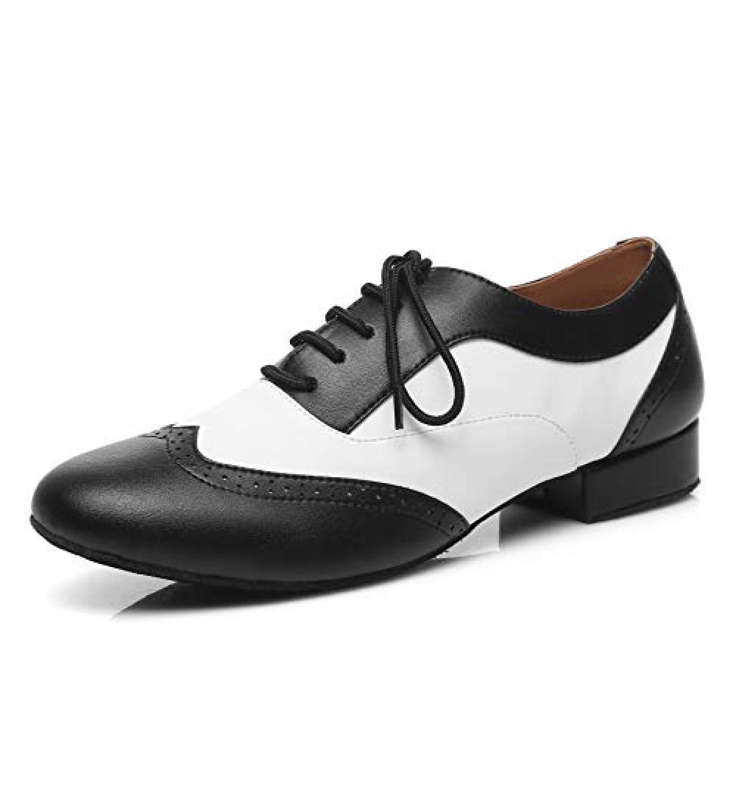 Minishion Men's Ballroom Dance Shoes - Black/White Leather, 1 Standard Heel - Size 9.5 (L421) - Buy Online on GoSupps.com
