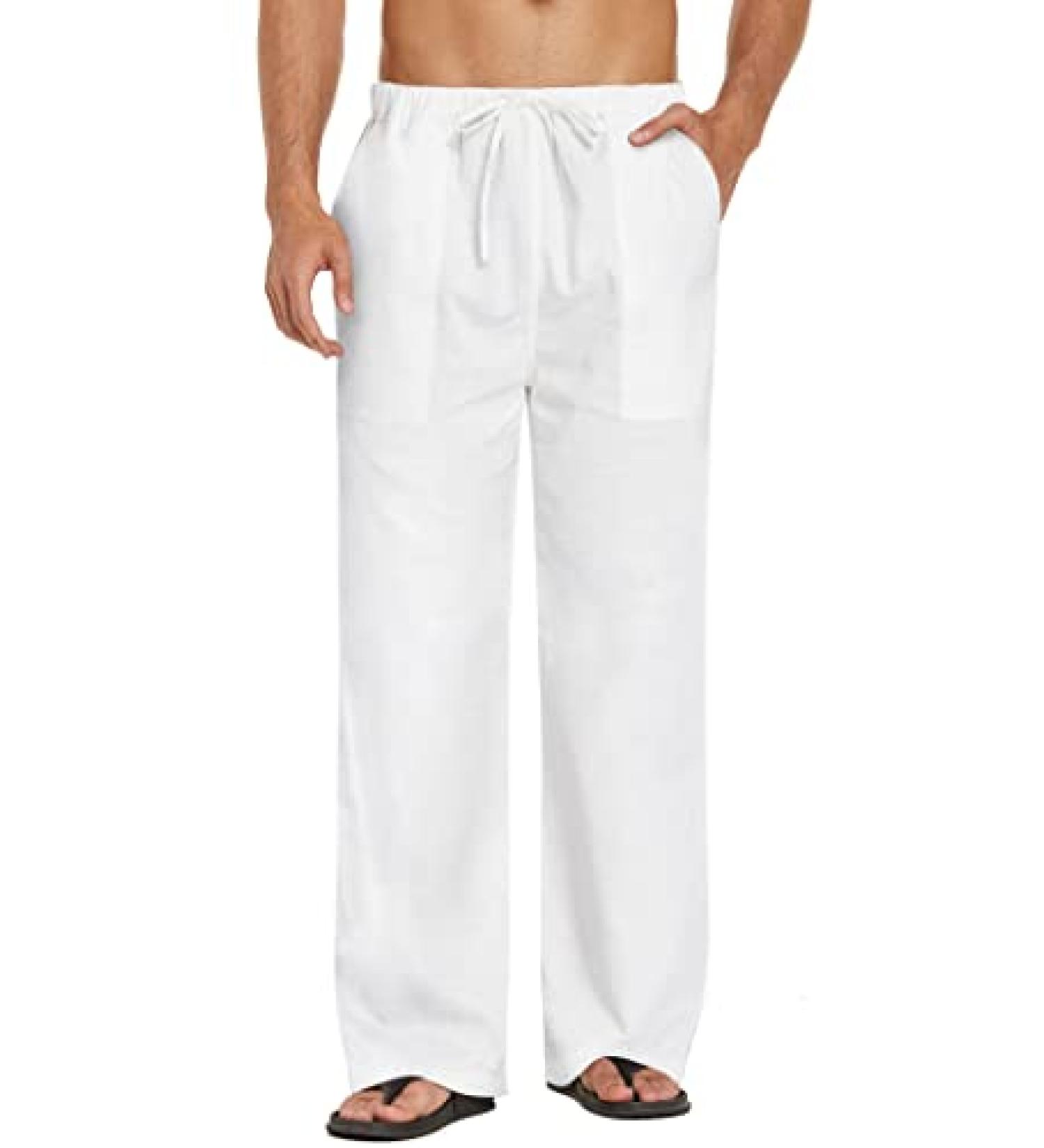 COOFANDY Men's Linen Beach Pants - Lightweight & Casual Elastic Waist Yoga Pants in White - Buy Online on GoSupps.com