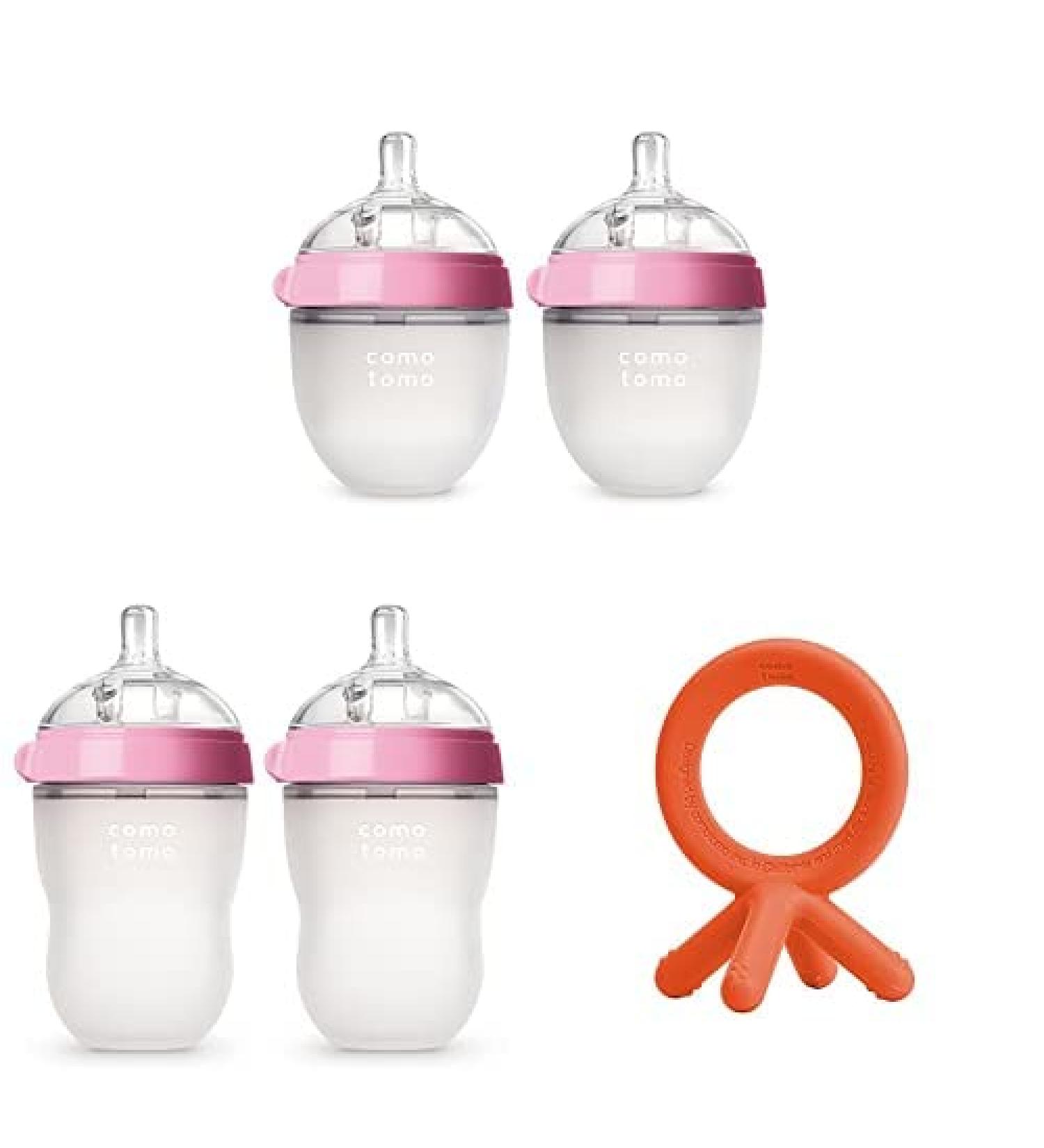 Comotomo Baby Bottle Pink 5 and 8 Ounce (4 Count)  Comotomo Silicone Baby Teether Orange