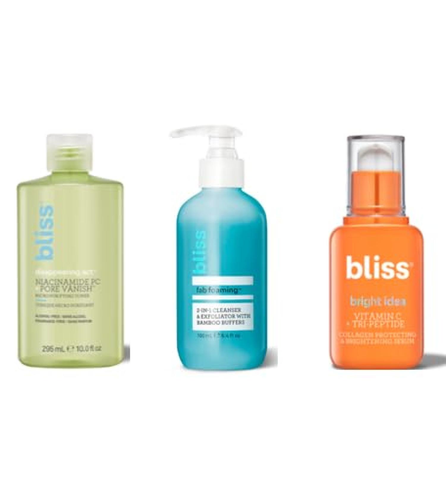 Bliss Bright & Balanced Skincare Trio: Vitamin C Serum Niacinamide Toner & 2-in-1 Cleanser Anti-Aging Dark Spot Reduction Pore Minimization Clean Vegan & Cruelty-Free - Buy Online on GoSupps.com