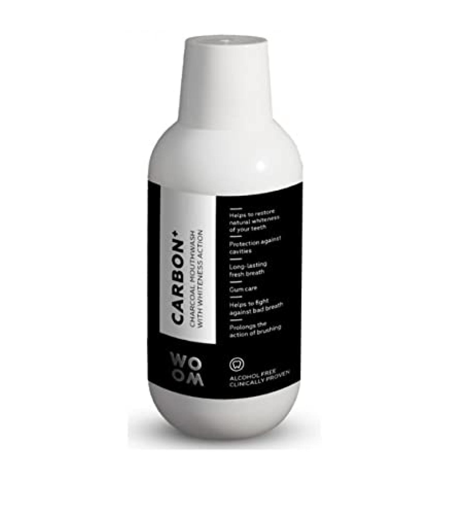 Woom carbon carbon flower water with white effect 500 ml effectively protects against caries combats bad breath and ensures long-lasting fresh breath