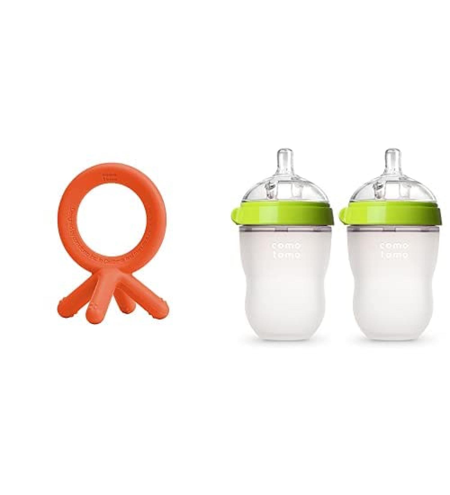 Comotomo Baby Bottle Green 8 Ounce (4 Count)  Comotomo Silicone Baby Teether Orange