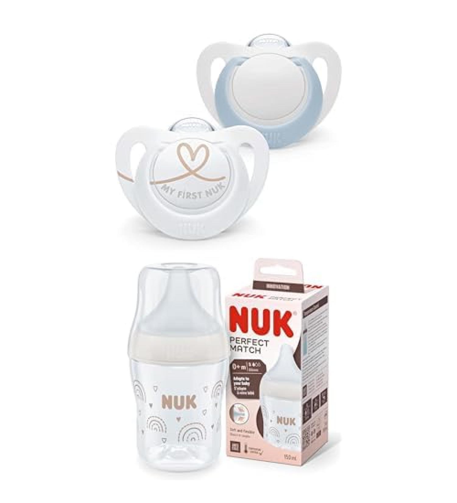 Bundle from NUK Star Babyschnuller |BPA-free silicone pacifier |0 6 months |Blue |2 pieces + Nuk Perfect Match Baby bottle |From 0 months |Temperature Control |Anti-colic |150 ml