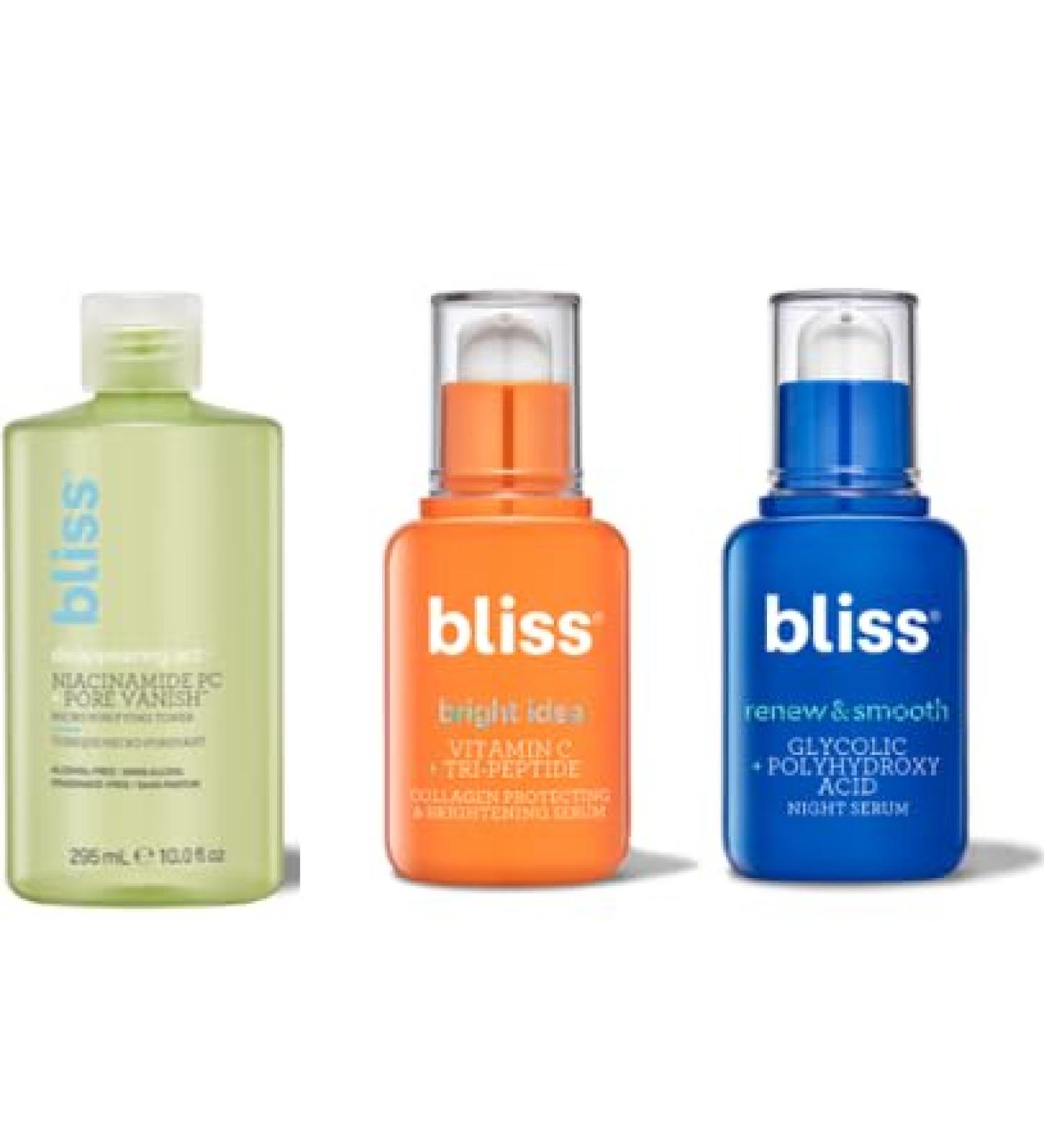 Bliss Radiance Trio - Disappearing Act Niacinamide Toner Renew & Smooth Night Serum & Bright Idea Vitamin C Serum - Pore Minimizing Exfoliating & Brightening - Clean Vegan & Cruelty-Free - Buy Online on GoSupps.com