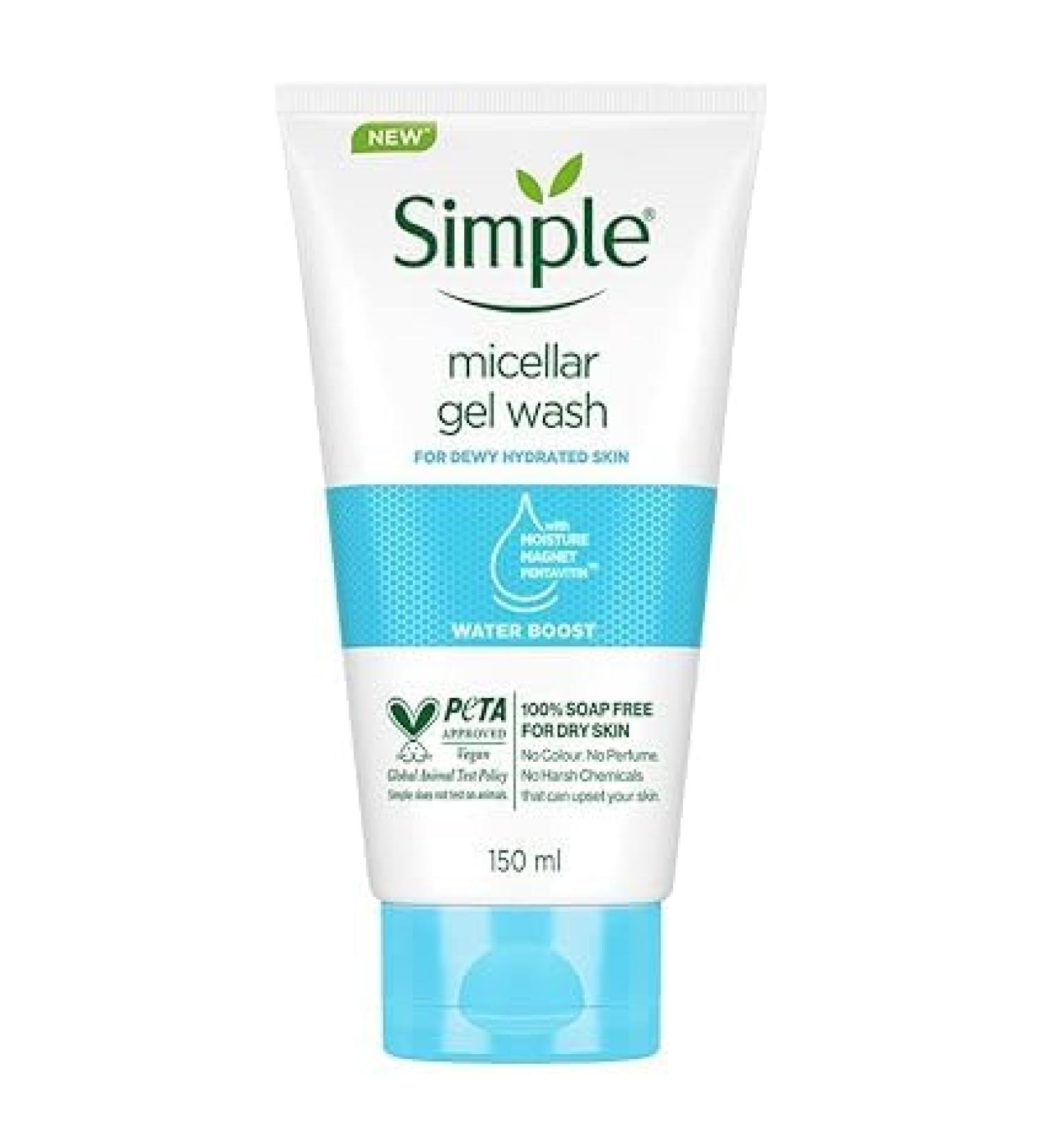 Sim._.ple Water Boost Micellar Facial Wash 150ml | Soap-Free Hydrating Facewash for Normal to Dry Skin | Dewy & Fresh Skin - Buy Online on GoSupps.com