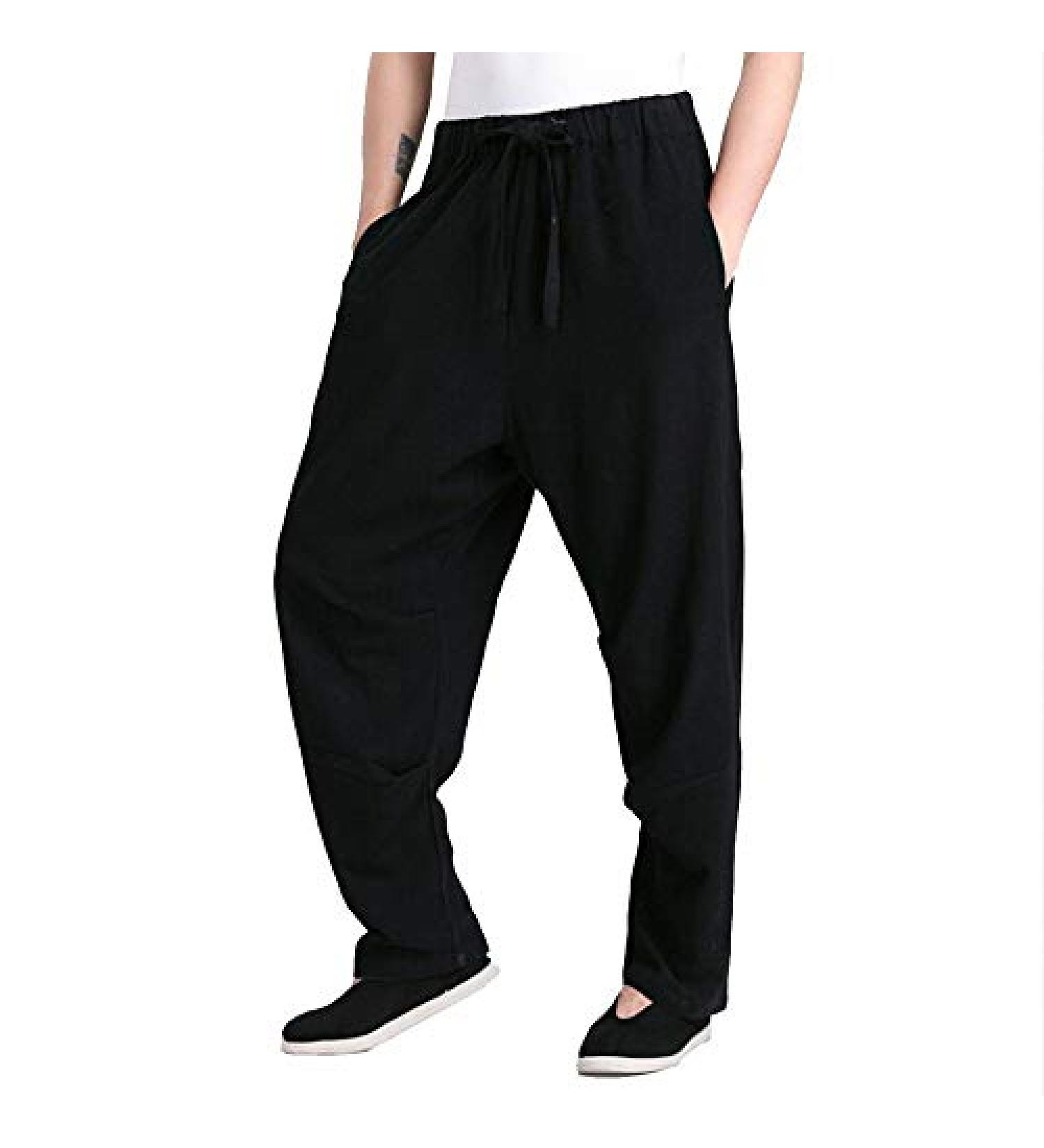 ZooBoo Men's Martial Arts Pants Kung Fu Linen Trousers Tang Suit Pants Medium Black