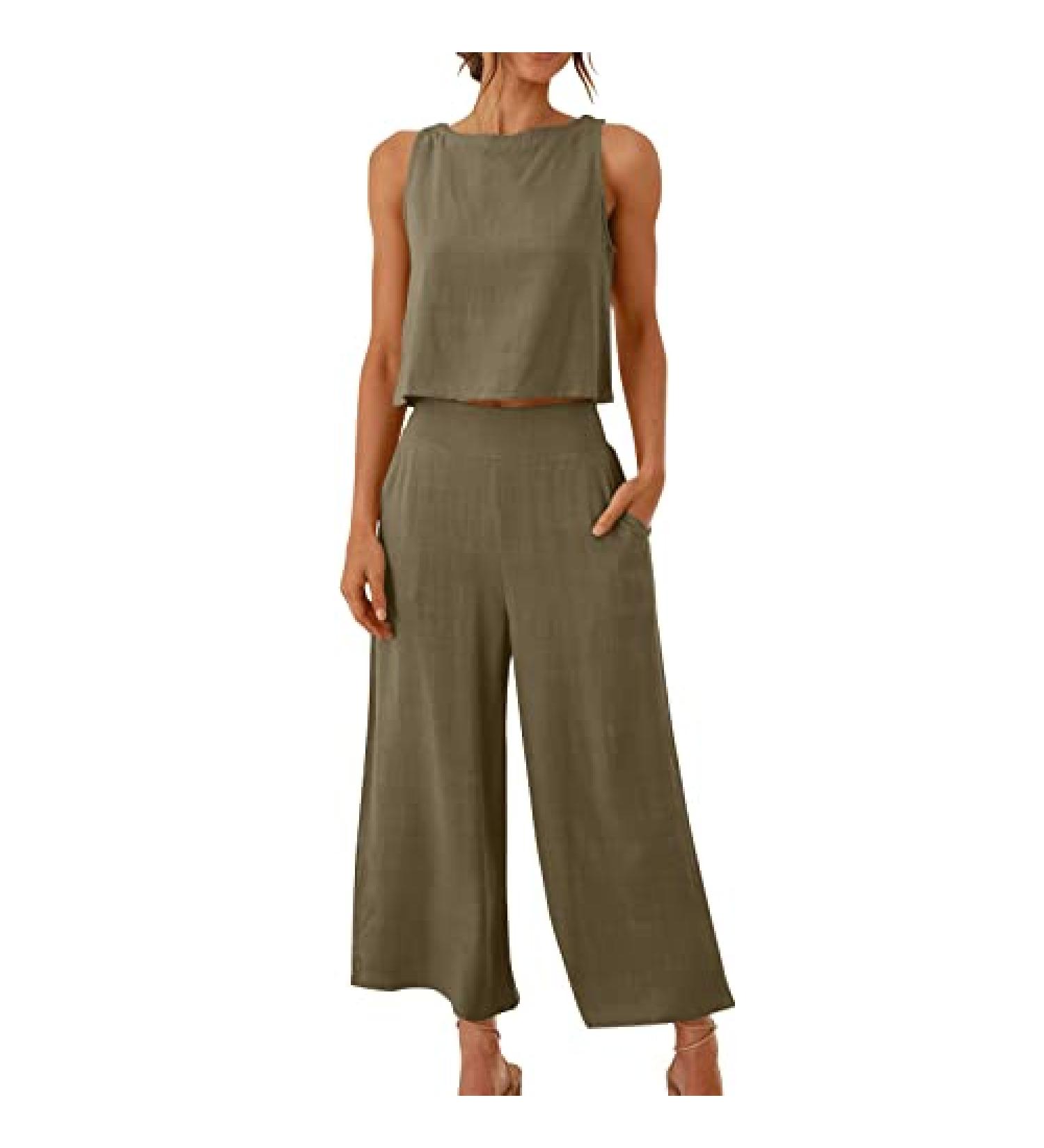 Women's Summer Two Piece Set - Sleeveless Crop Top and Capri Pants in Khaki - Size Medium - Buy Online on GoSupps.com