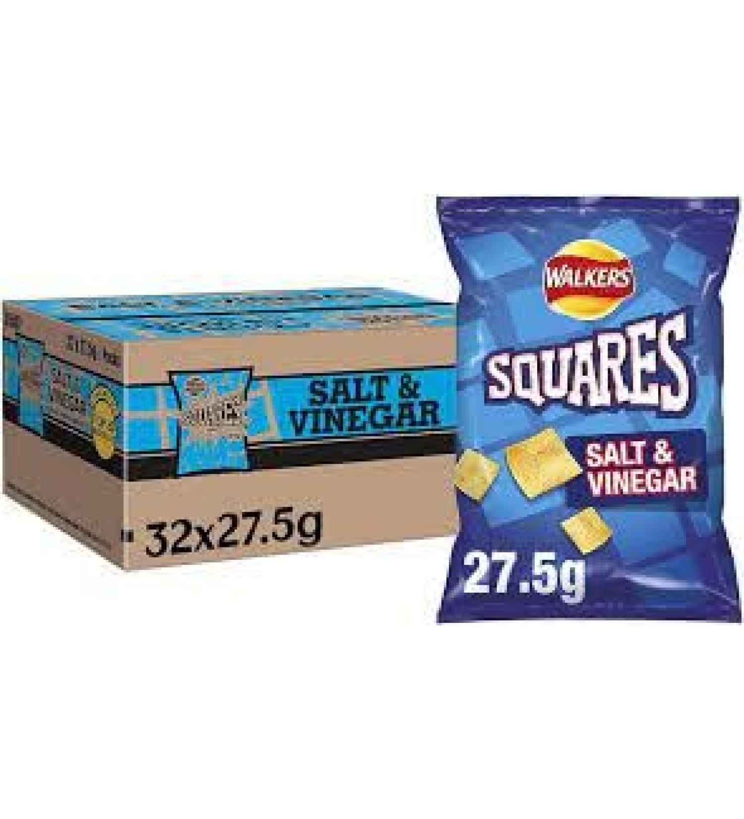 Walkers Squares Delicious Snacks 27.5g x Case of 32 Bags (Salt & Vinegar)
