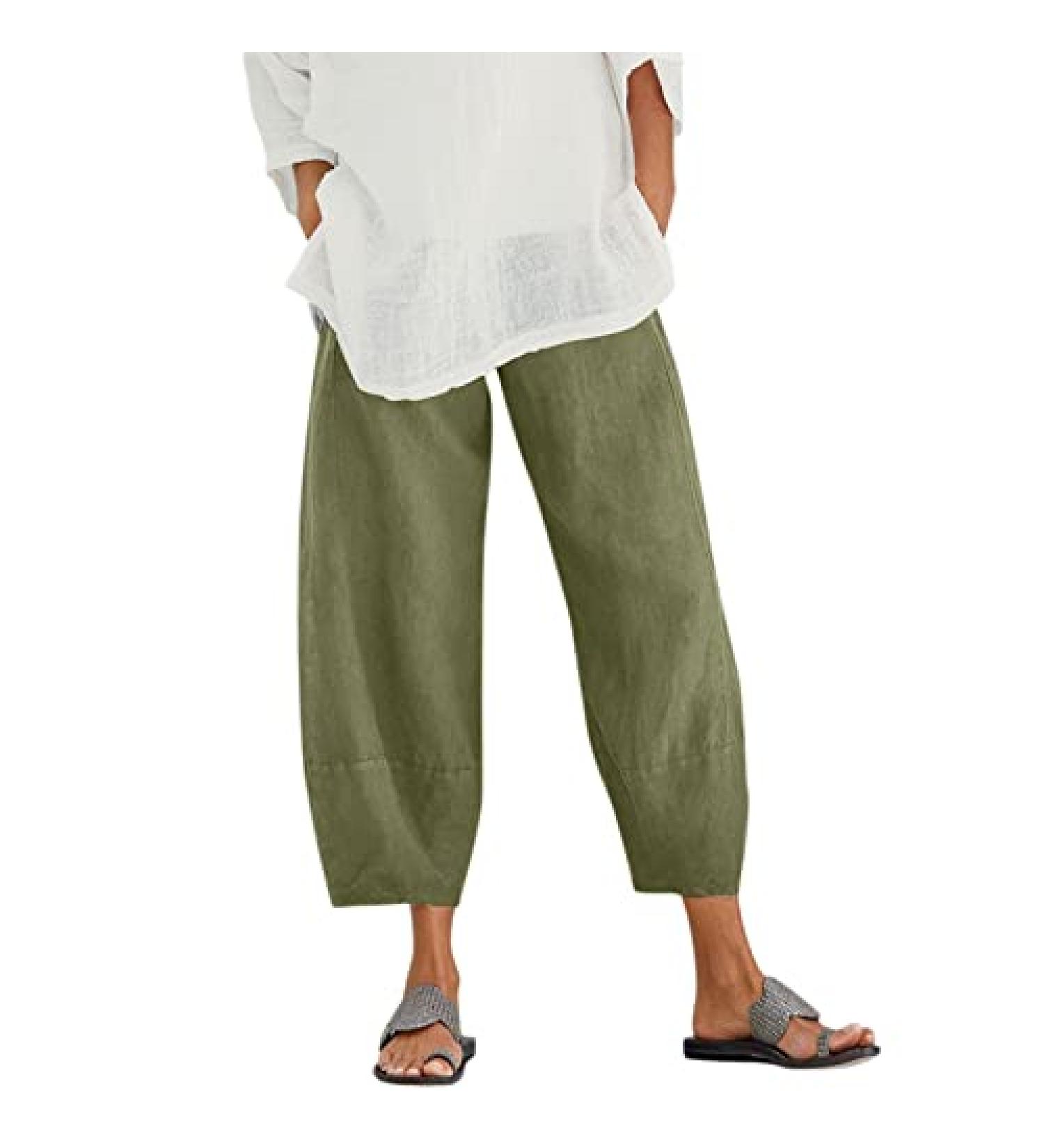 Mackneog Women's Linen Capri Pants - Casual Loose Fit, Elastic Waist, Army Green | Plus Size X-Large - Buy Online on GoSupps.com