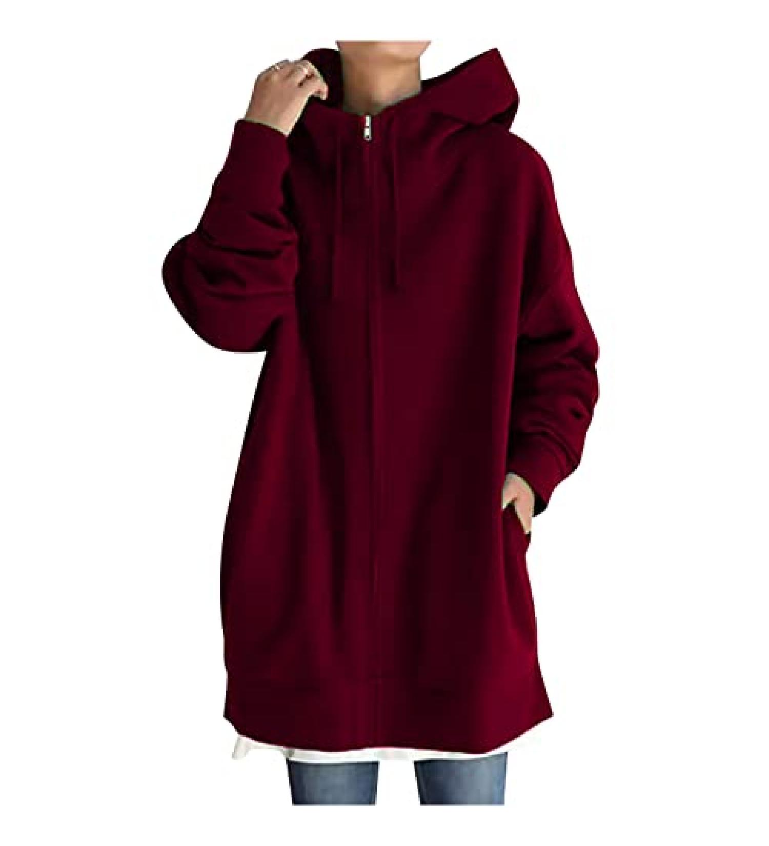 Wine Zip Up Hoodie for Women - Long Sleeve Casual Sweatshirt - Solid Color Preppy Jacket - Size 4X-Large - Buy Online on GoSupps.com