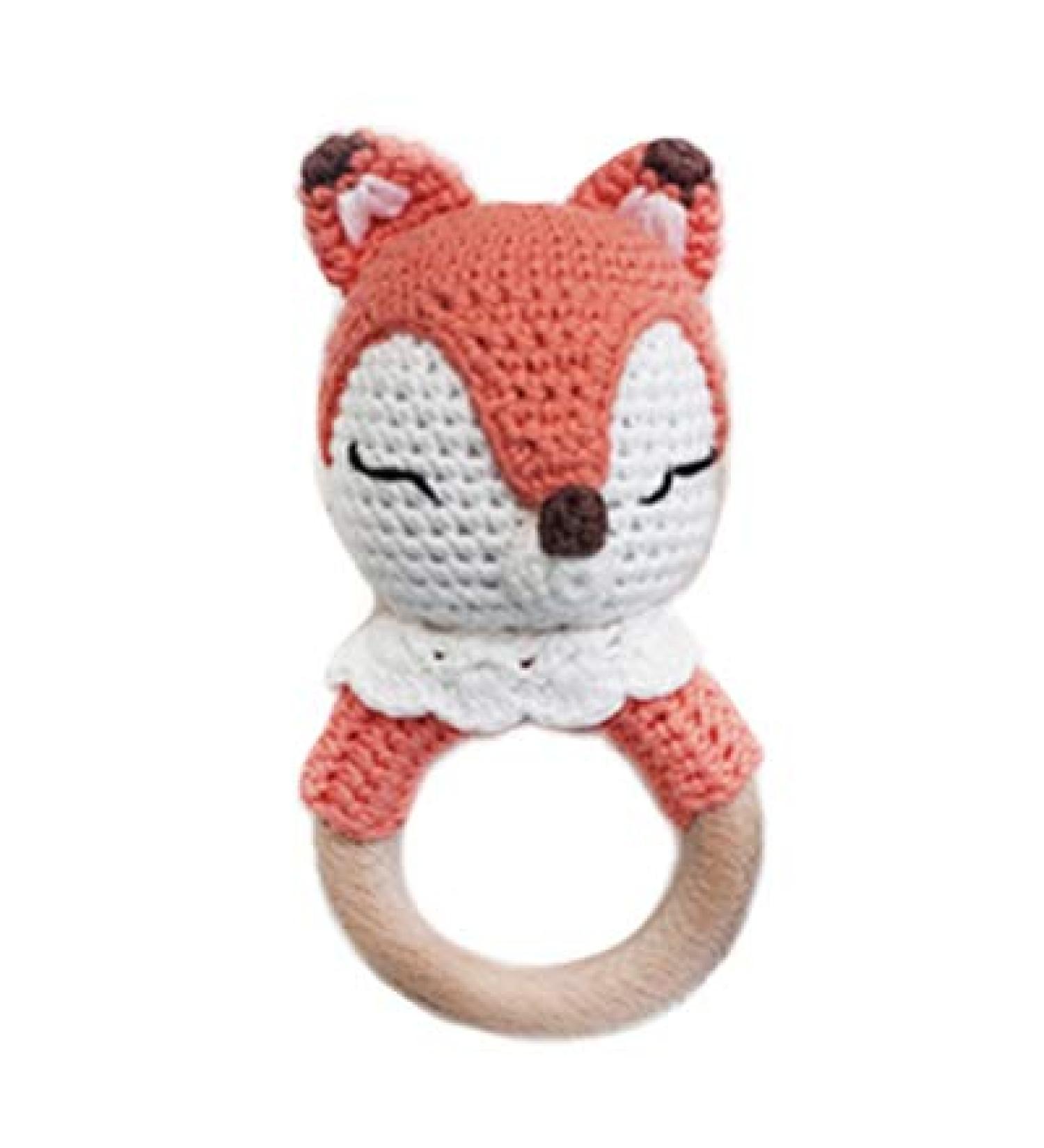 Forest Friends Crochet Teether Rattle on Wooden Ring with Pacifier Clip - Foxy Design - Buy Online on GoSupps.com
