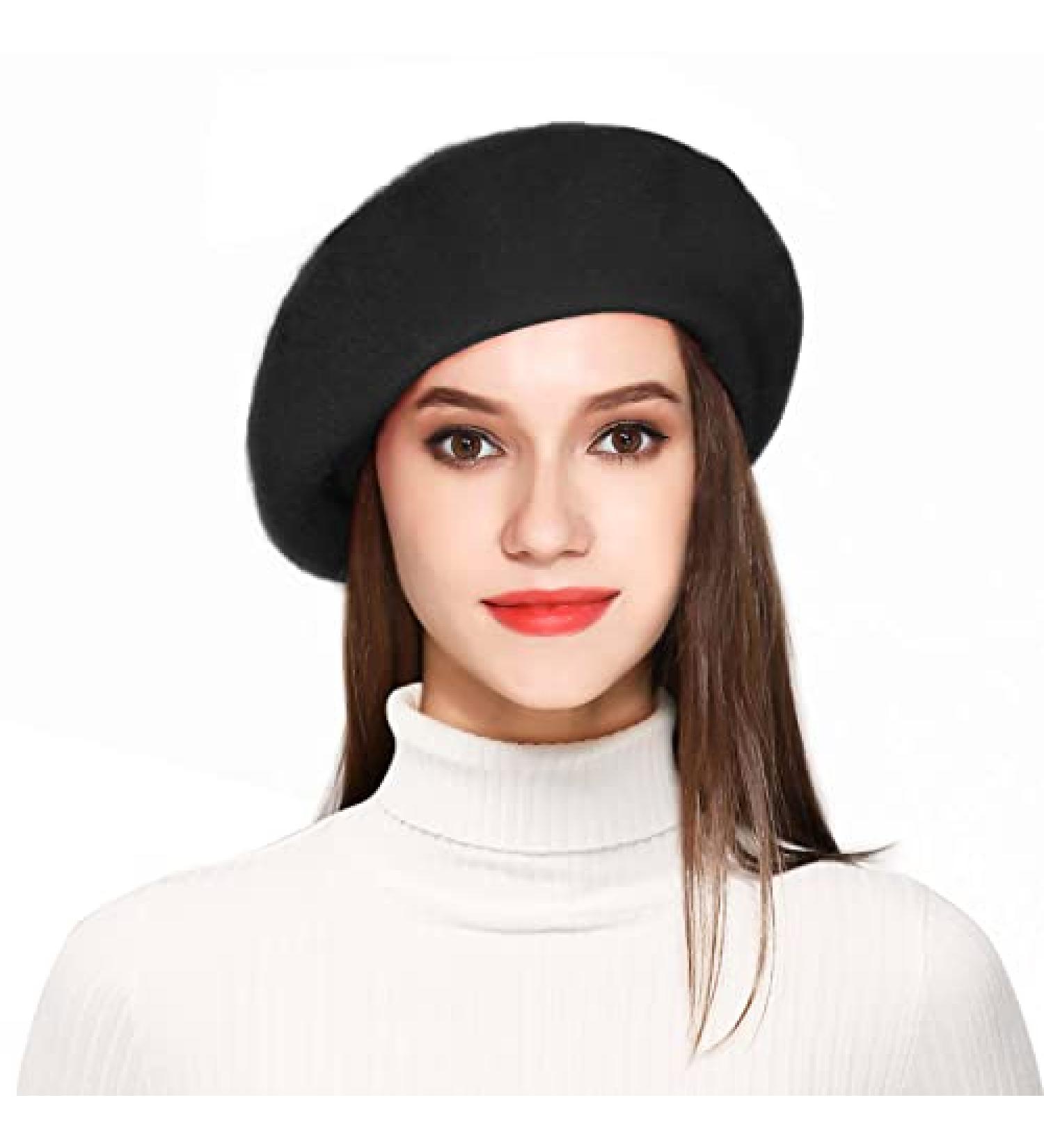 Jeicy Wool Beret Hat with Skily Scarf and Brooch - Black French Beret - Buy Online on GoSupps.com
