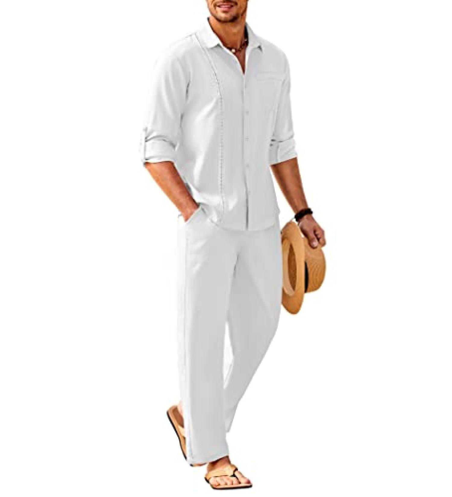 COOFANDY Men's 2 Piece Linen Set - Casual Long Sleeve Cuban Shirt & Loose Pants Beach Outfit - Large White - Buy Online on GoSupps.com
