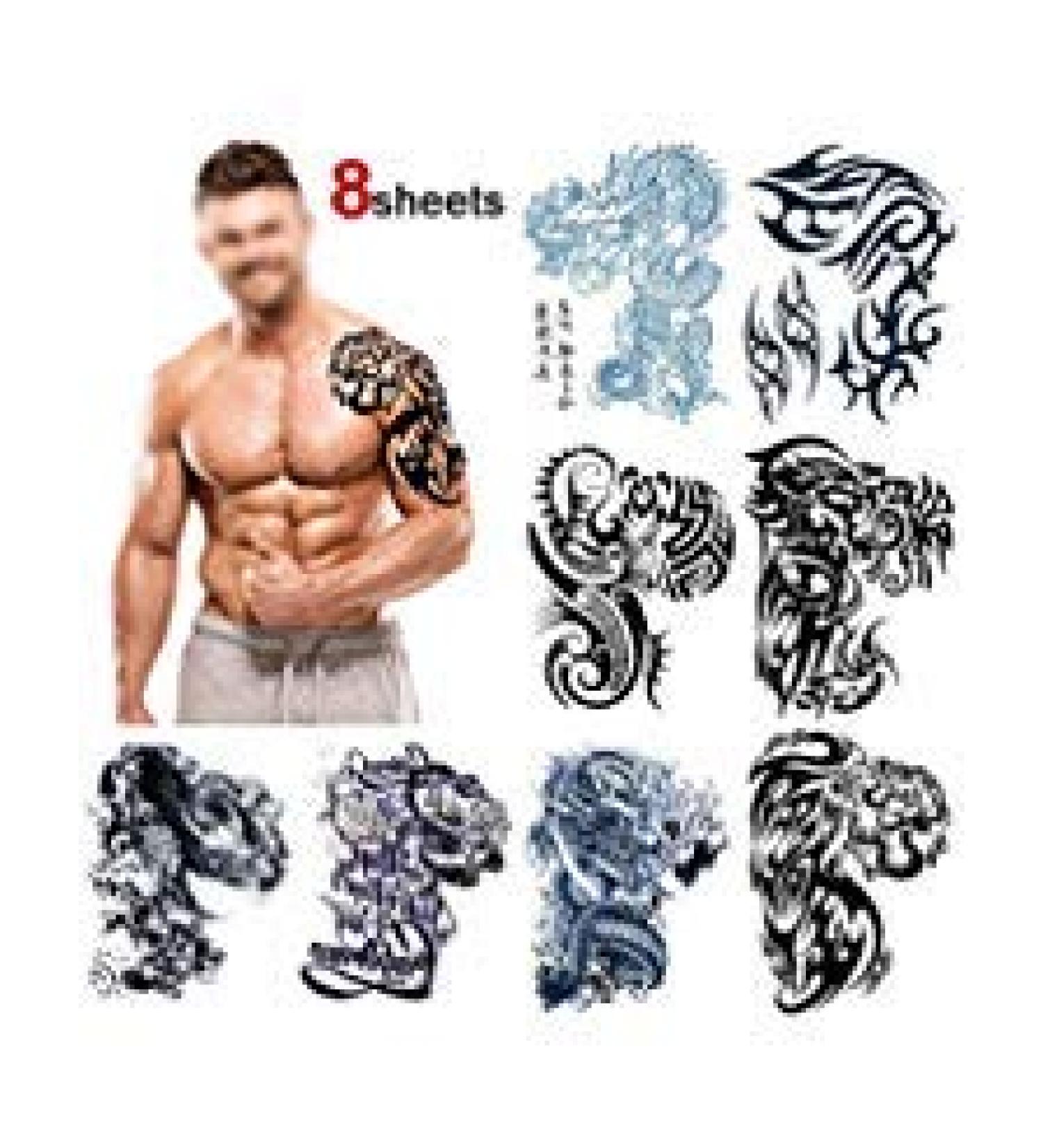 Konsait Large Temporary Tattoos Half Arm Chest Tattoo Men Tribal Totem Tattoo Make up Body Art Sticker for Halloween Party Supplies Beach Pool Party Favor Decor Dress up Costume Accessories(8Sheets)