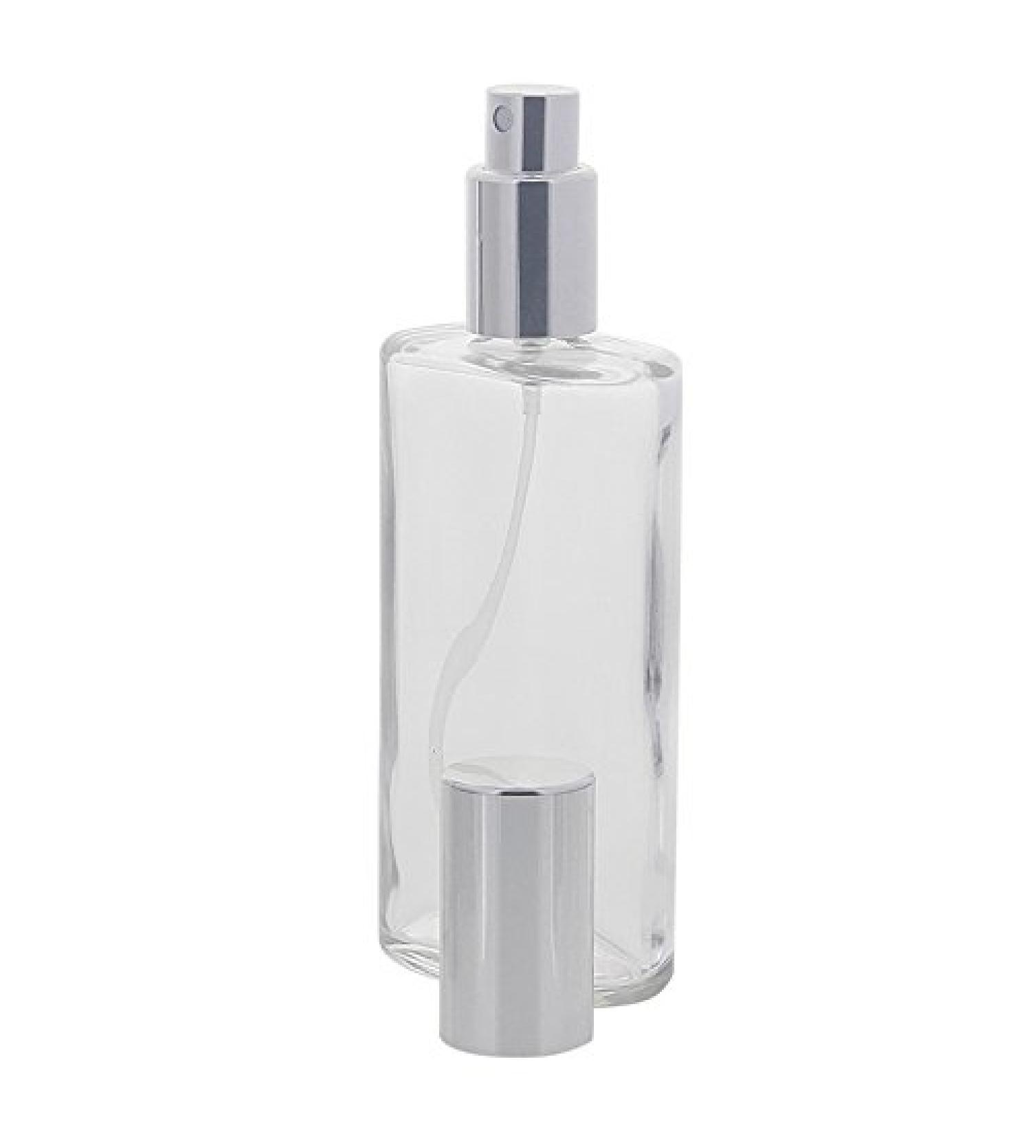 Oval clear glass Kosmetex bottle with silver. Atomizer 100 ml