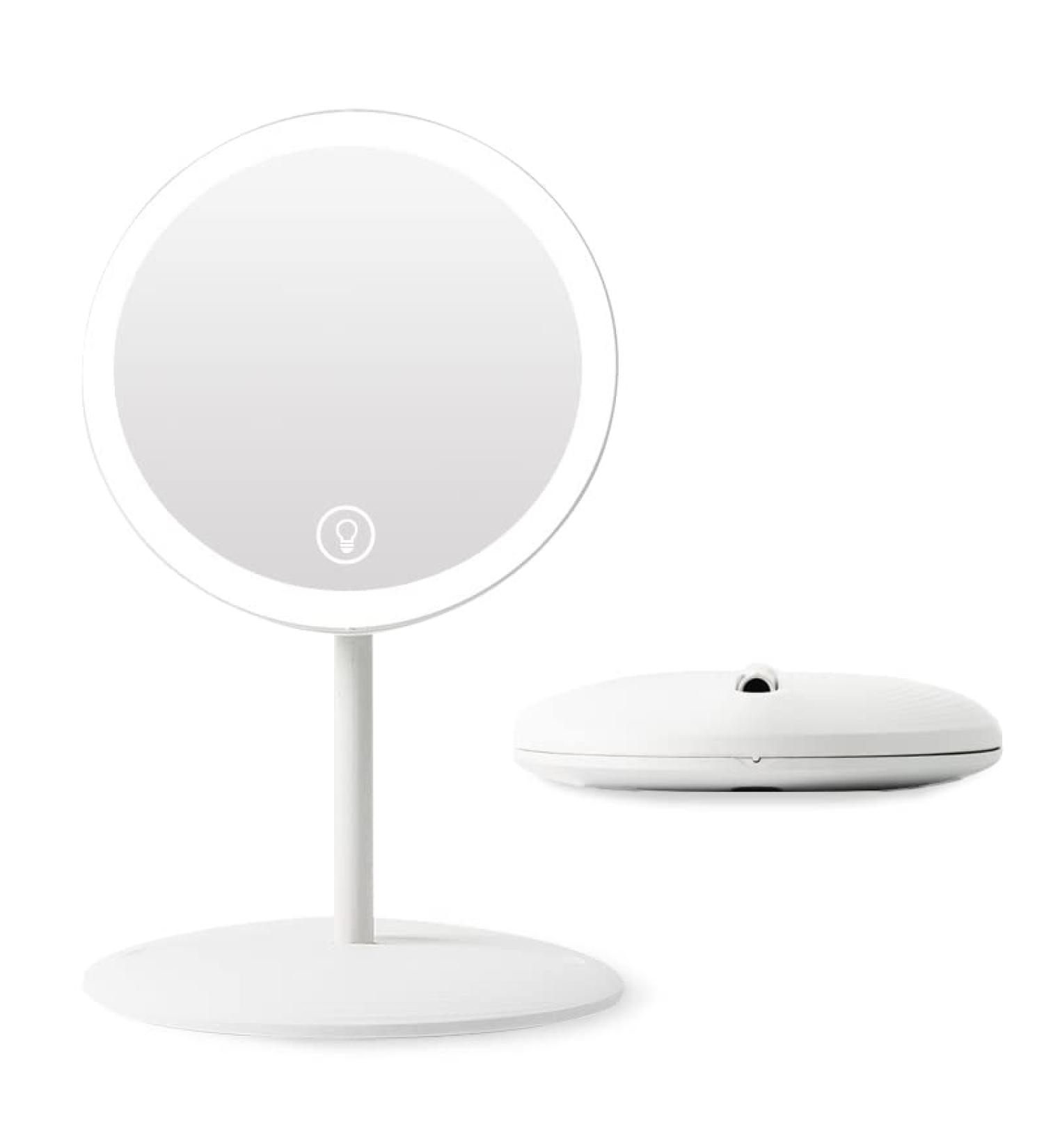 Portable Folding Lighted Makeup Mirror with Dimmable LED Lights - Rechargeable & Adjustable Stand - Compact Round Vanity Mirror for Women - Buy Online on GoSupps.com