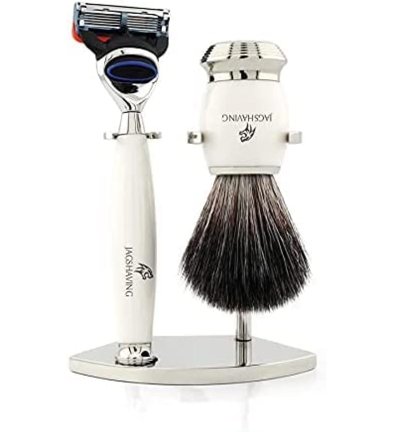 5-blade shaving set with real/super badger hair brush and stainless steel shaving stand from Jag Shaving