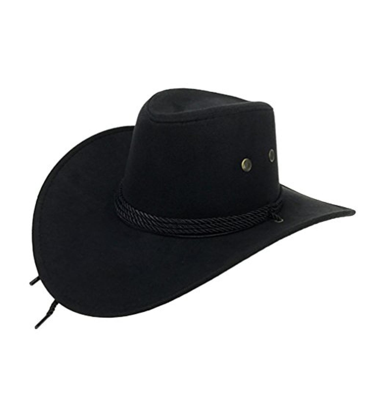 UwantC Mens Faux Felt Western Cowboy Hat Fedora Outdoor Wide Brim Hat with Strap One Size Black