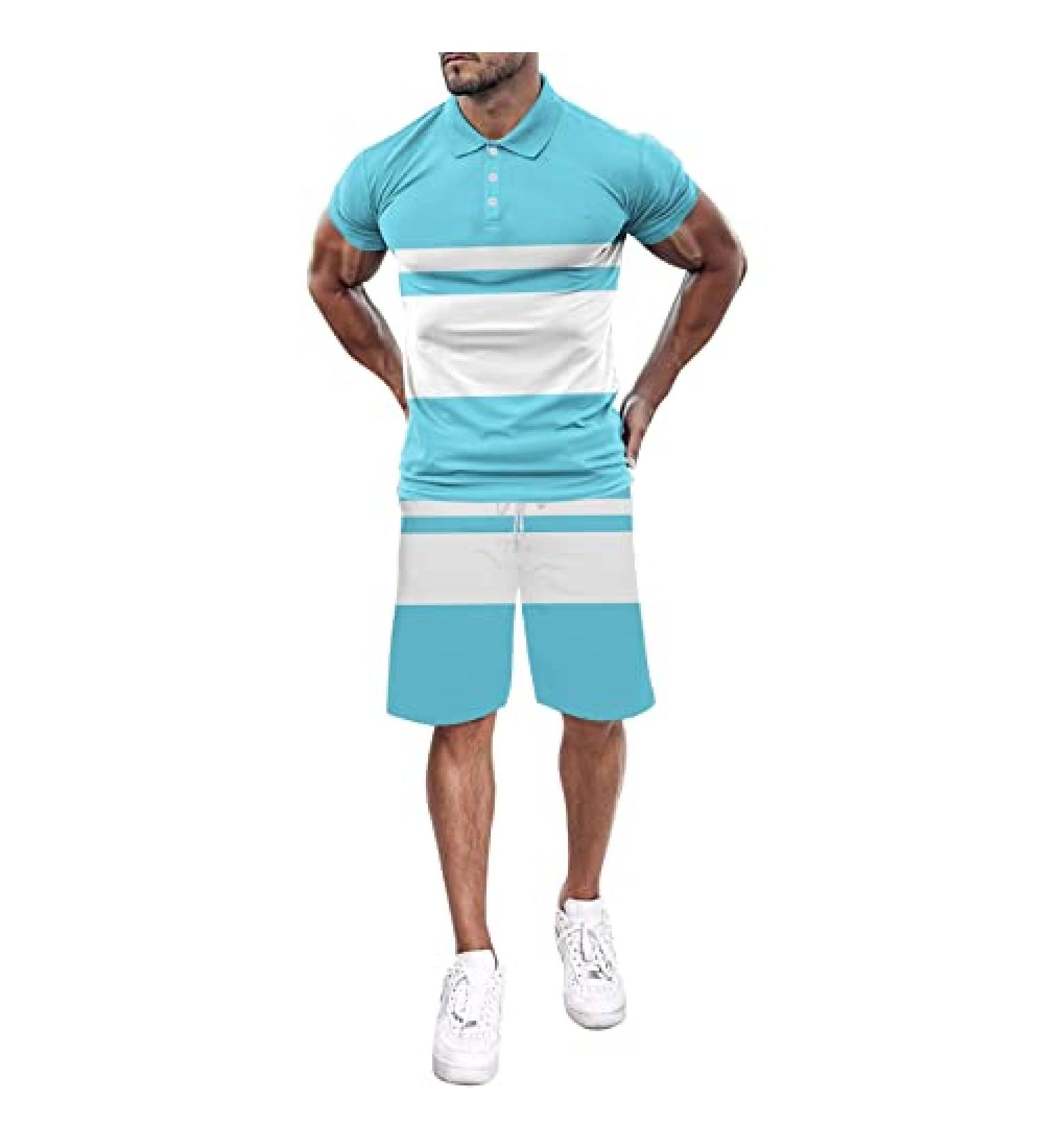 BEUU Men's Summer Casual Sports Set | Short Sleeve Polo Shirt & Shorts | Sky Blue XL - Buy Online on GoSupps.com