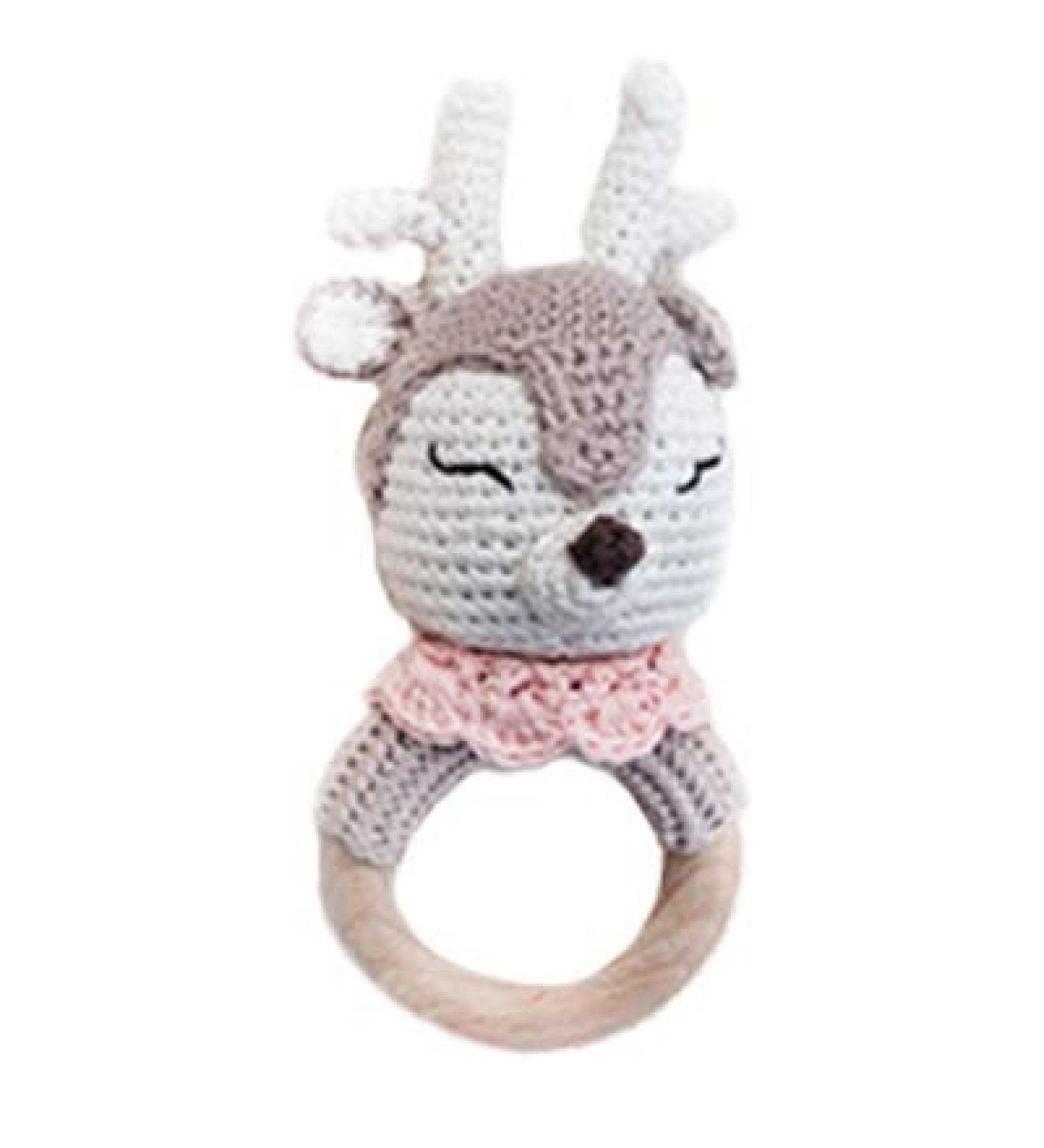 Forest Friends Amigurumi Crochet Teether Toy Rattle - Natural Wooden Ring (Honey Deer) - Buy Online on GoSupps.com