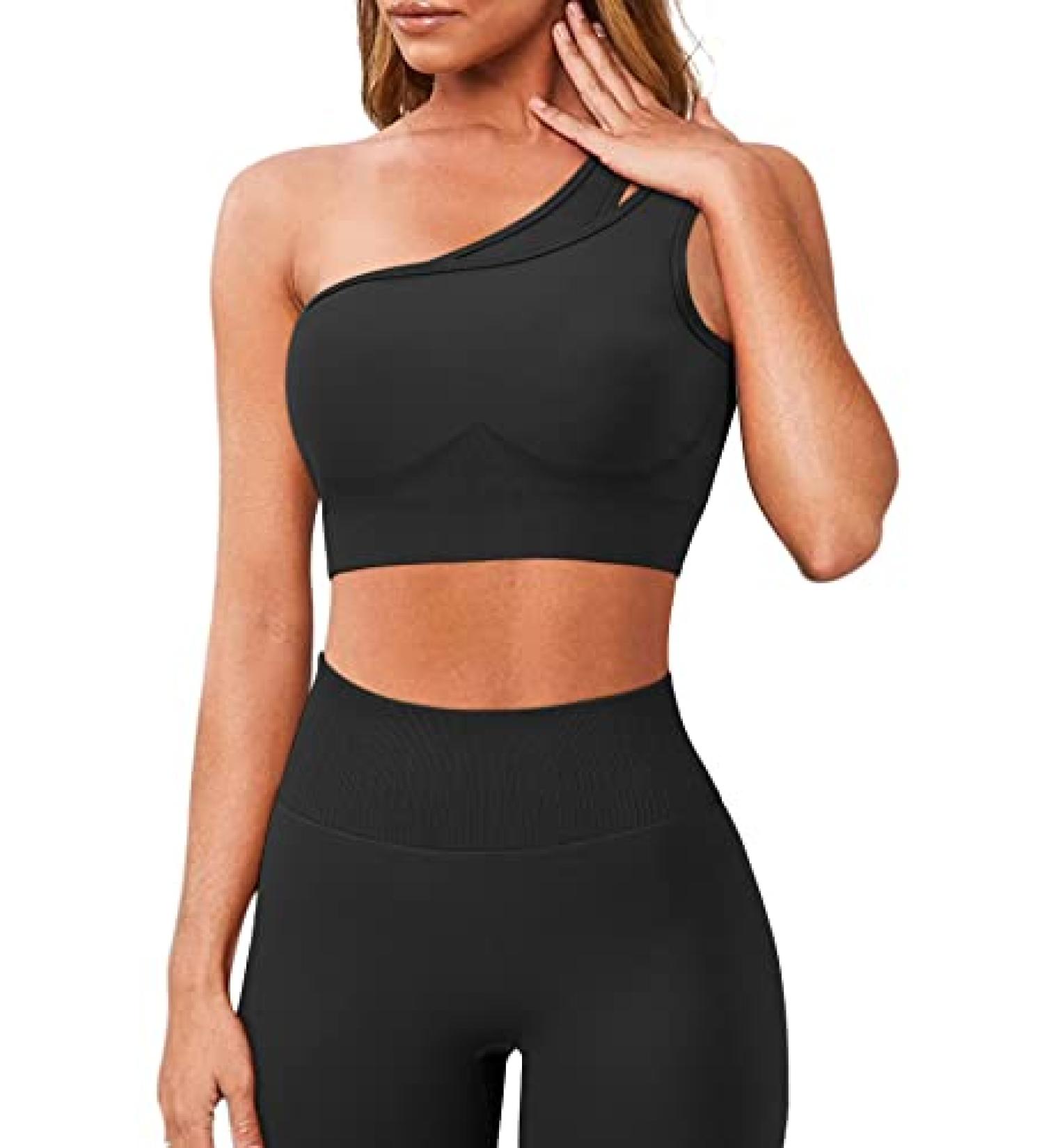 OMKAGI One Shoulder Workout Set for Women | Seamless Sports Bra & Scrunch Butt Leggings | Gym Outfit Medium Black - Buy Online on GoSupps.com
