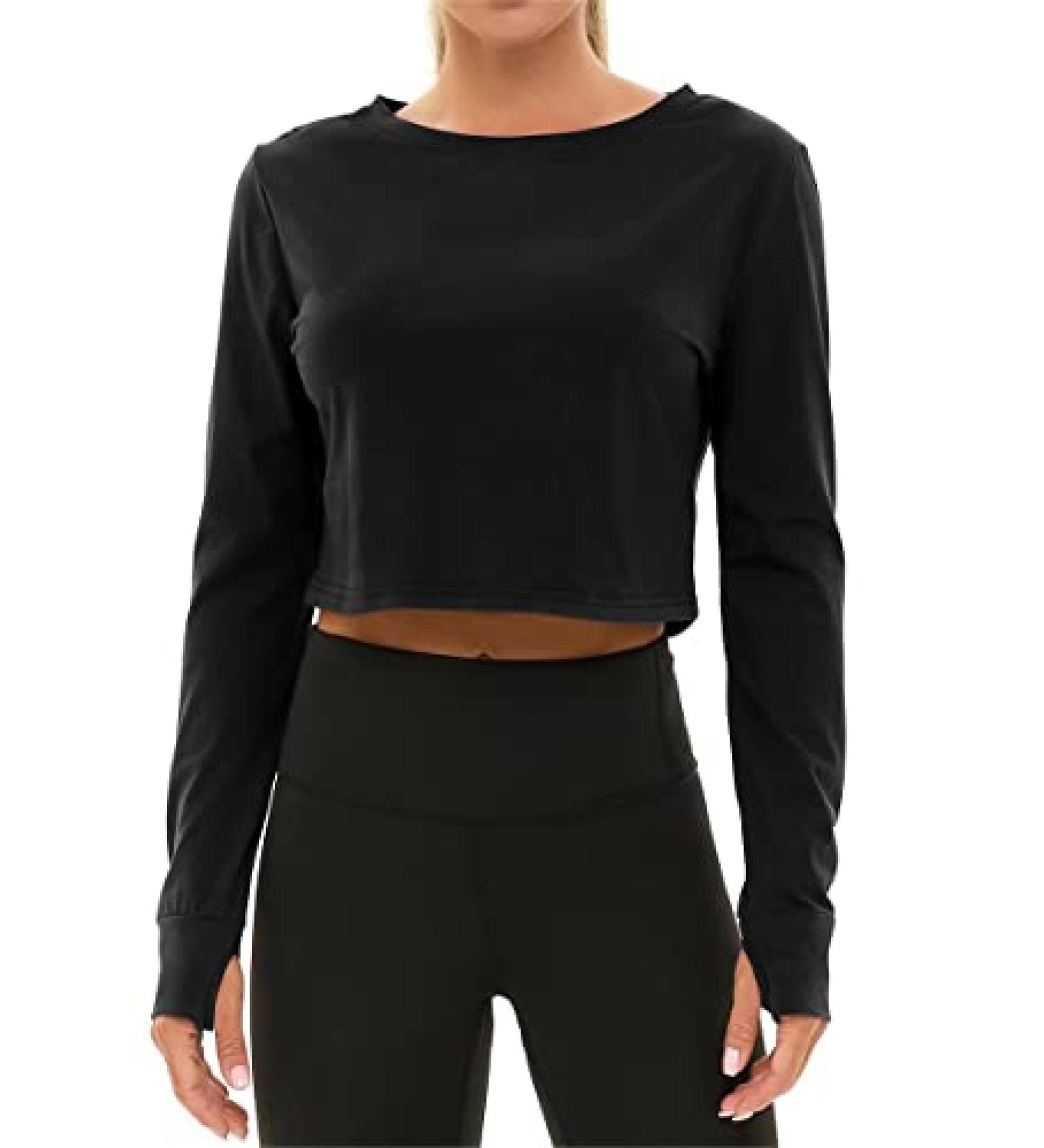 Chioni.od Women's Long Sleeve Black Workout Crop Top with Thumb Holes - Medium - Buy Online on GoSupps.com