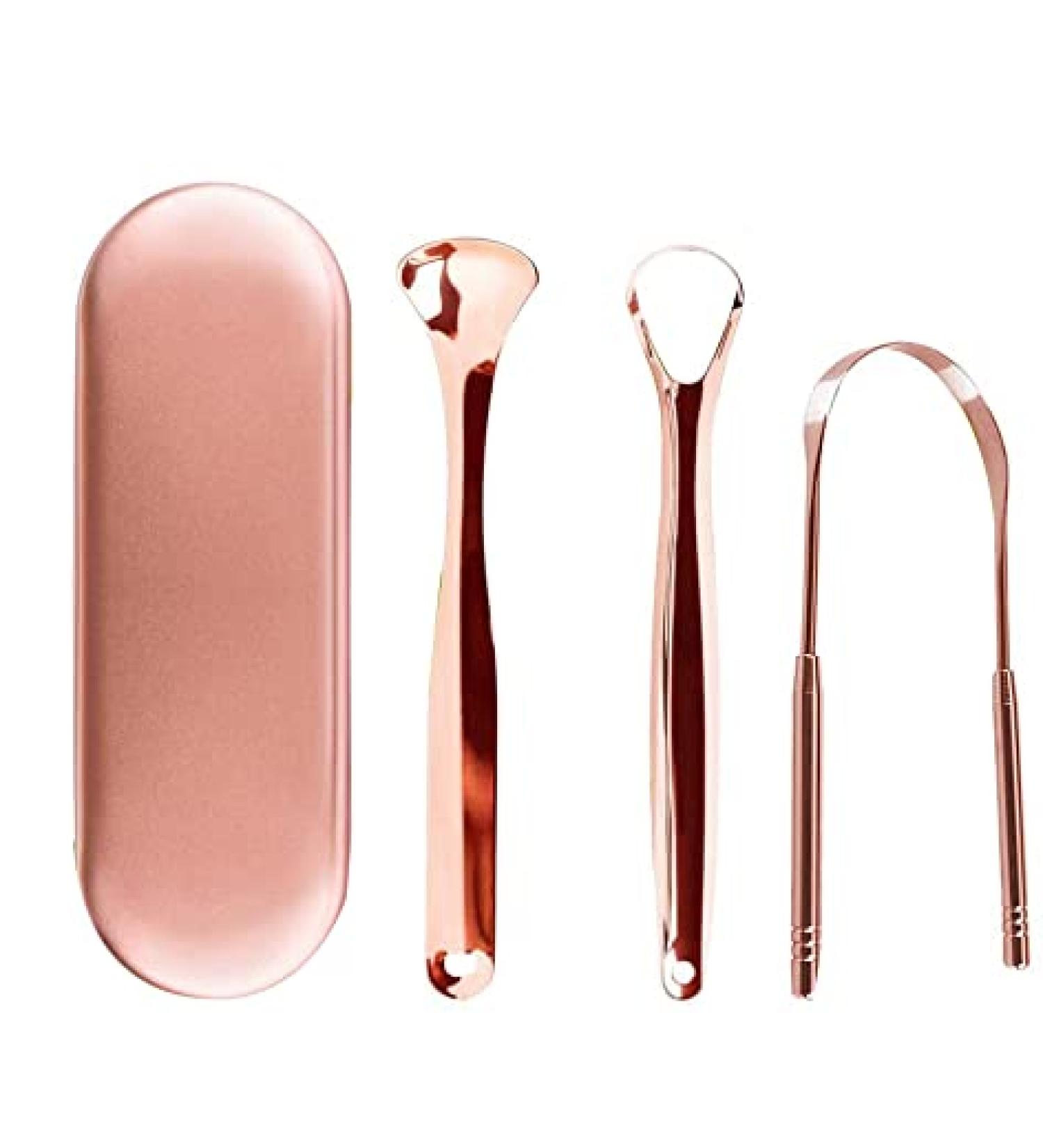 Premium Stainless Steel Tongue Scraper Set for Fresh Breath | Surgical Quality 3-Part Cleaner for Men & Women | Rose Gold Mouthwash Treatment Box - Buy Online on GoSupps.com