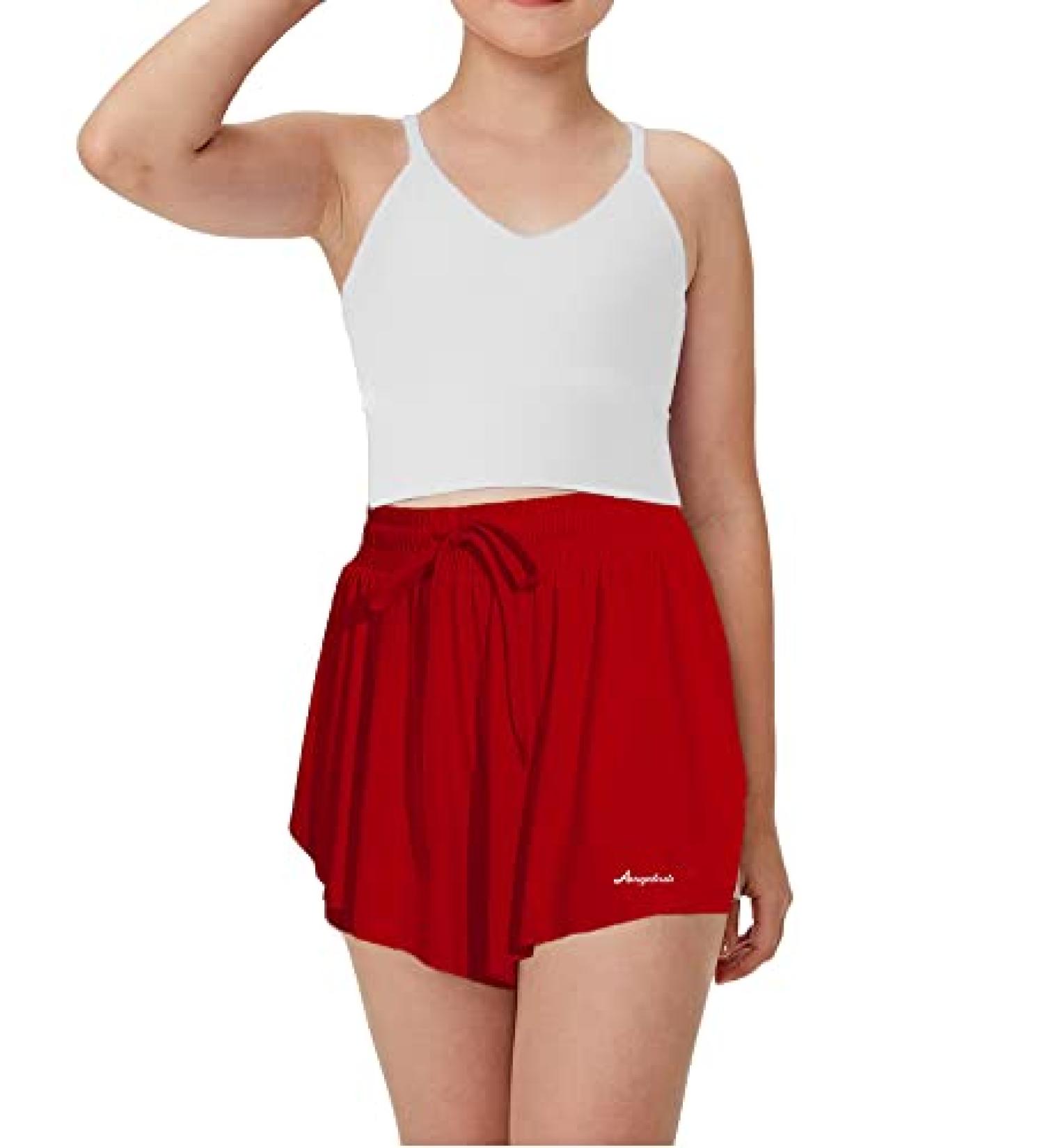 Girls 2 in 1 Flowy Butterfly Shorts Workout Gym Yoga Running Dance Skirt - Red, 9-10 Years - Buy Online on GoSupps.com