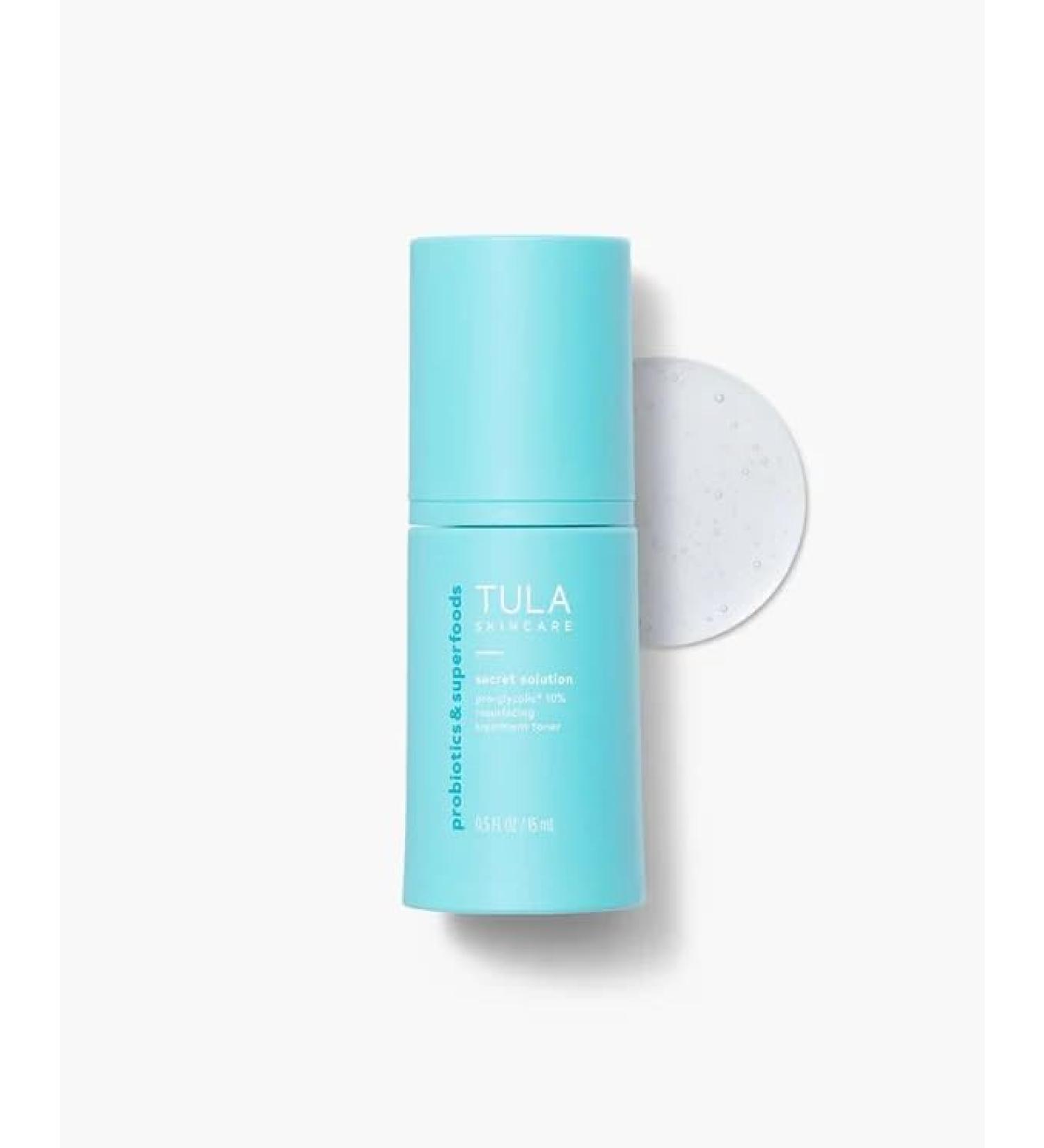 TULA Skin Care Secret Solution Pro-Glycolic 10% Resurfacing Toner - Travel Size Exfoliating Face Toner with Probiotics & Glycolic Acid (0.5 fl oz) - Hydrate & Renew Skin - Buy Online on GoSupps.com