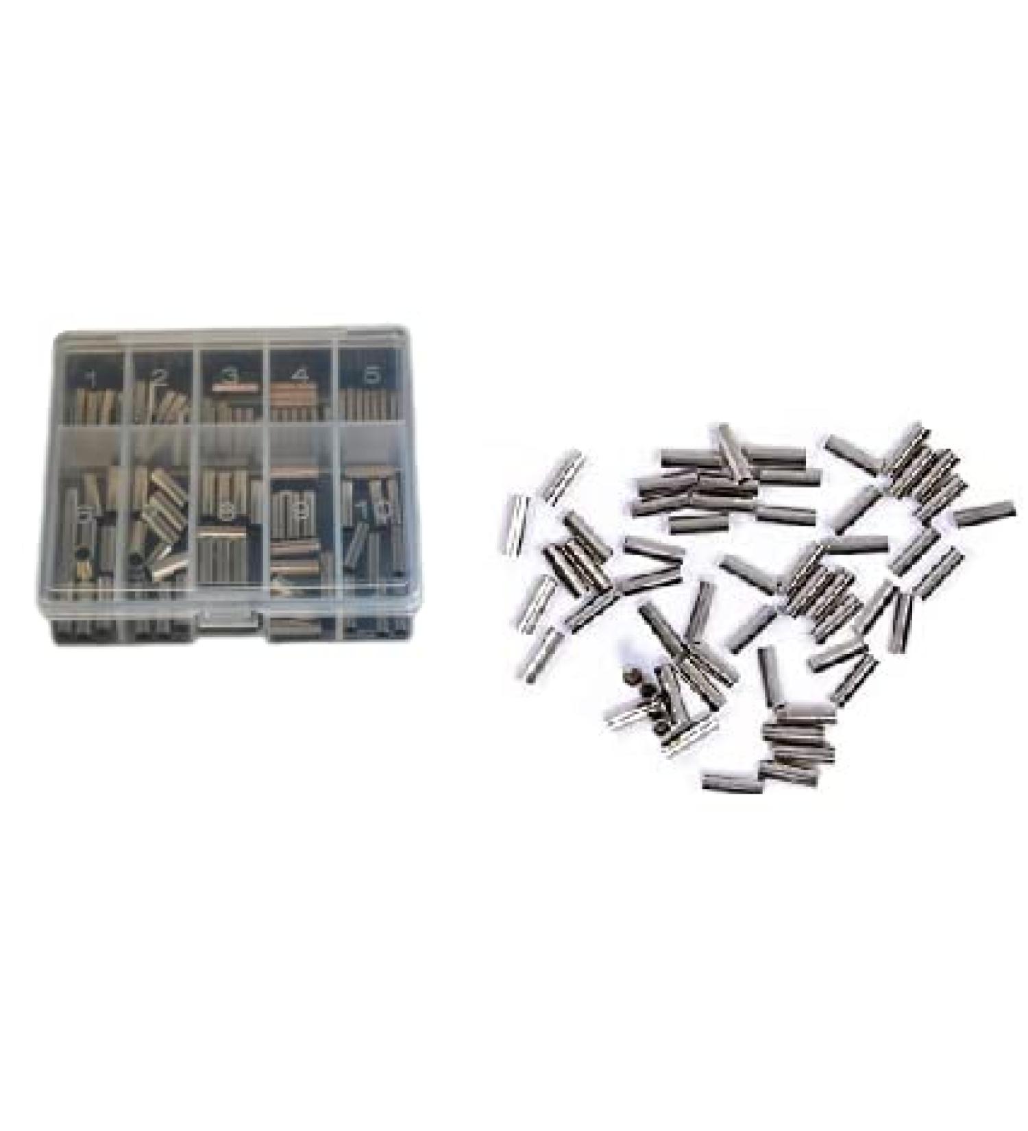 Clamp sleeve set in a practical box with approx. 100 crimp sleeves (sizes: 0.4 mm - 2.5 mm inner diameter) + free Petri Heil! sticker