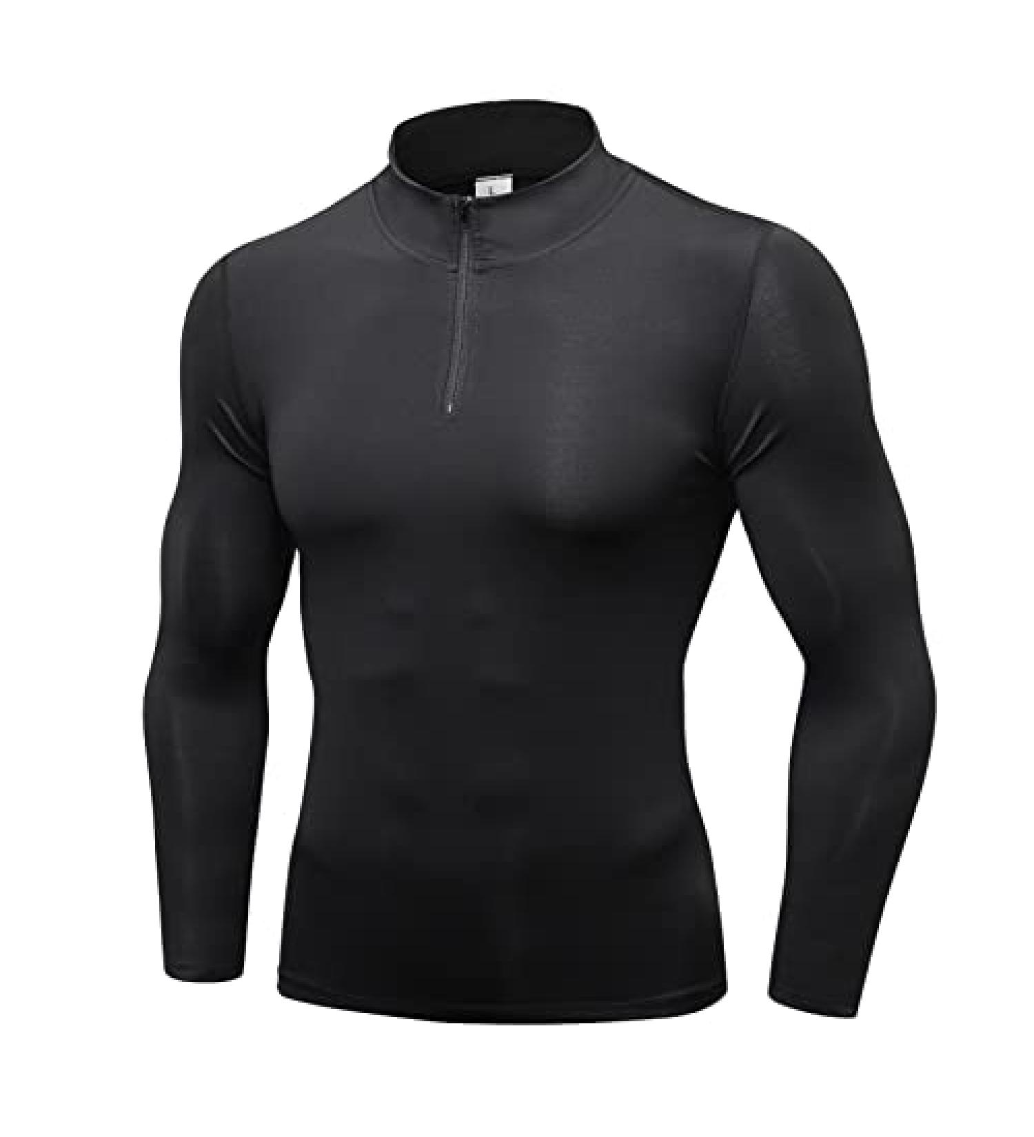 Men's Black Quarter Zip Long Sleeve Compression Workout Shirt | Quick Dry, Moisture Wicking | Size Medium - Buy Online on GoSupps.com