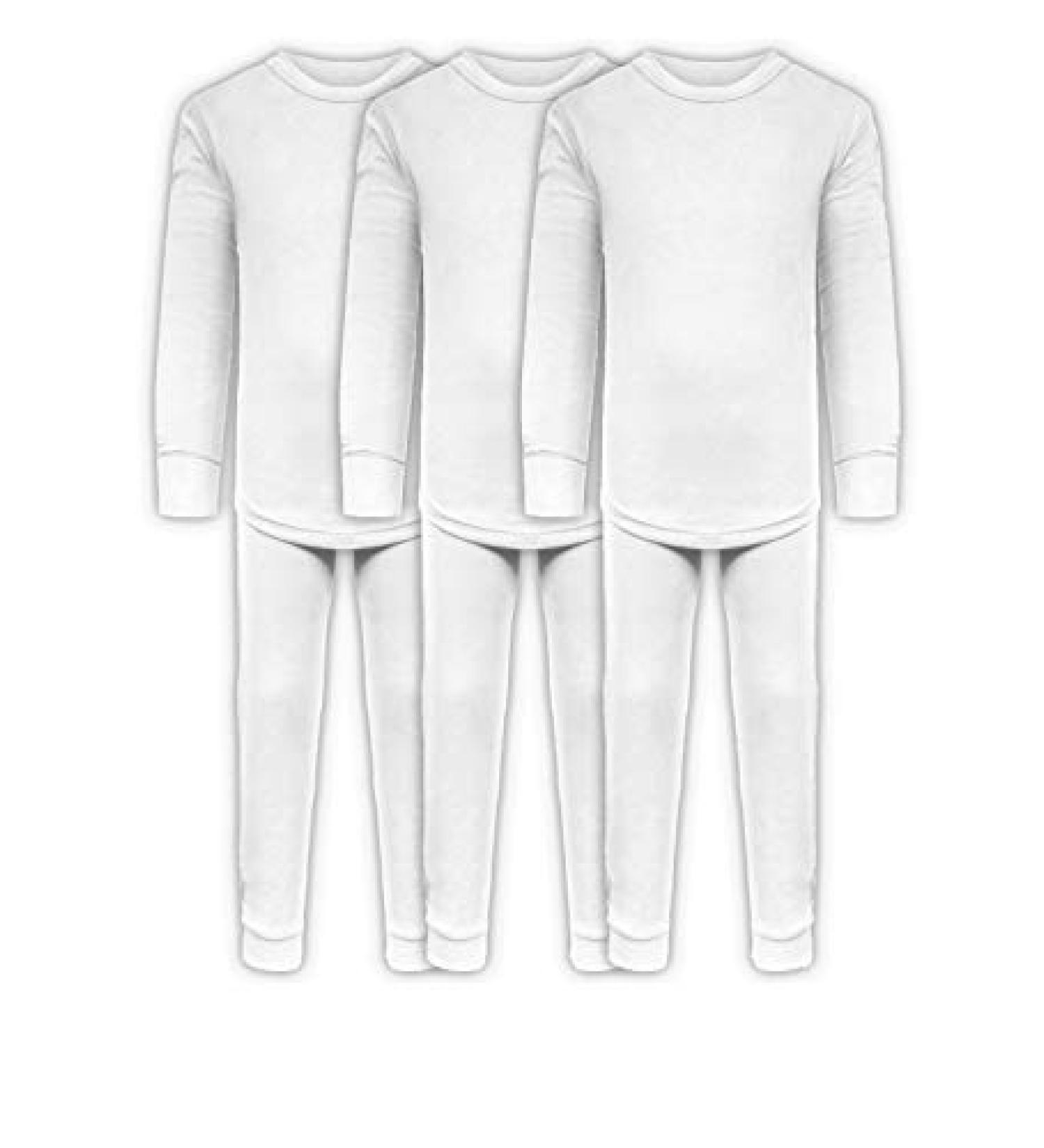 Boys Long John Ultra-Soft Cotton Stretch Base Layer Underwear Sets / 3 Long Sleeve Tops + 3 Long Pants - 6 Piece Mix & Match 3 Sets / 6 Pc -White 5-6