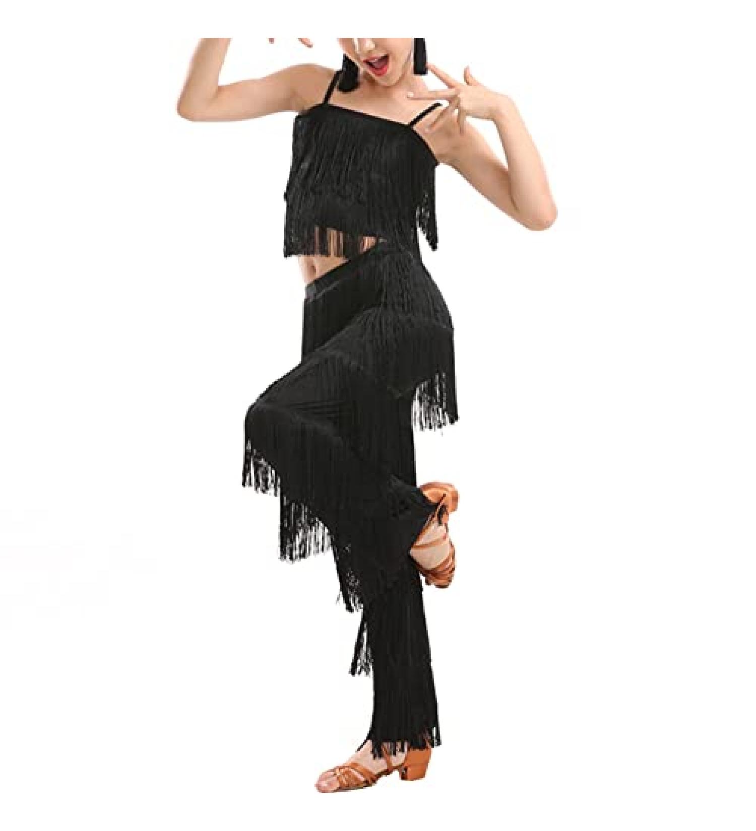 Girls 2 Piece Latin Ballroom Dance Costume Set - Black Tassel Camisole Fringe Pants - Modern Salsa Dancewear (7-8 Years) - Buy Online on GoSupps.com