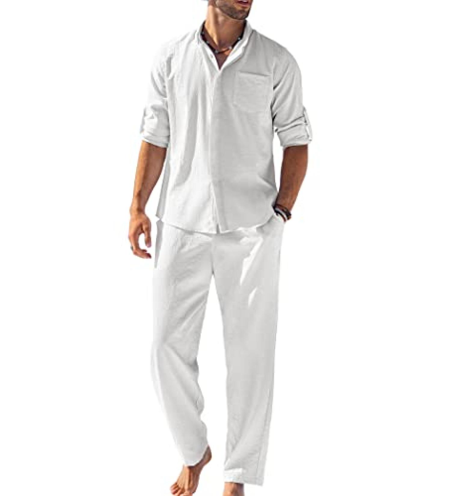 COOFANDY Men's 2 Piece Linen Shirts Set - Summer Beach Outfit, White, X-Large - Buy Online on GoSupps.com