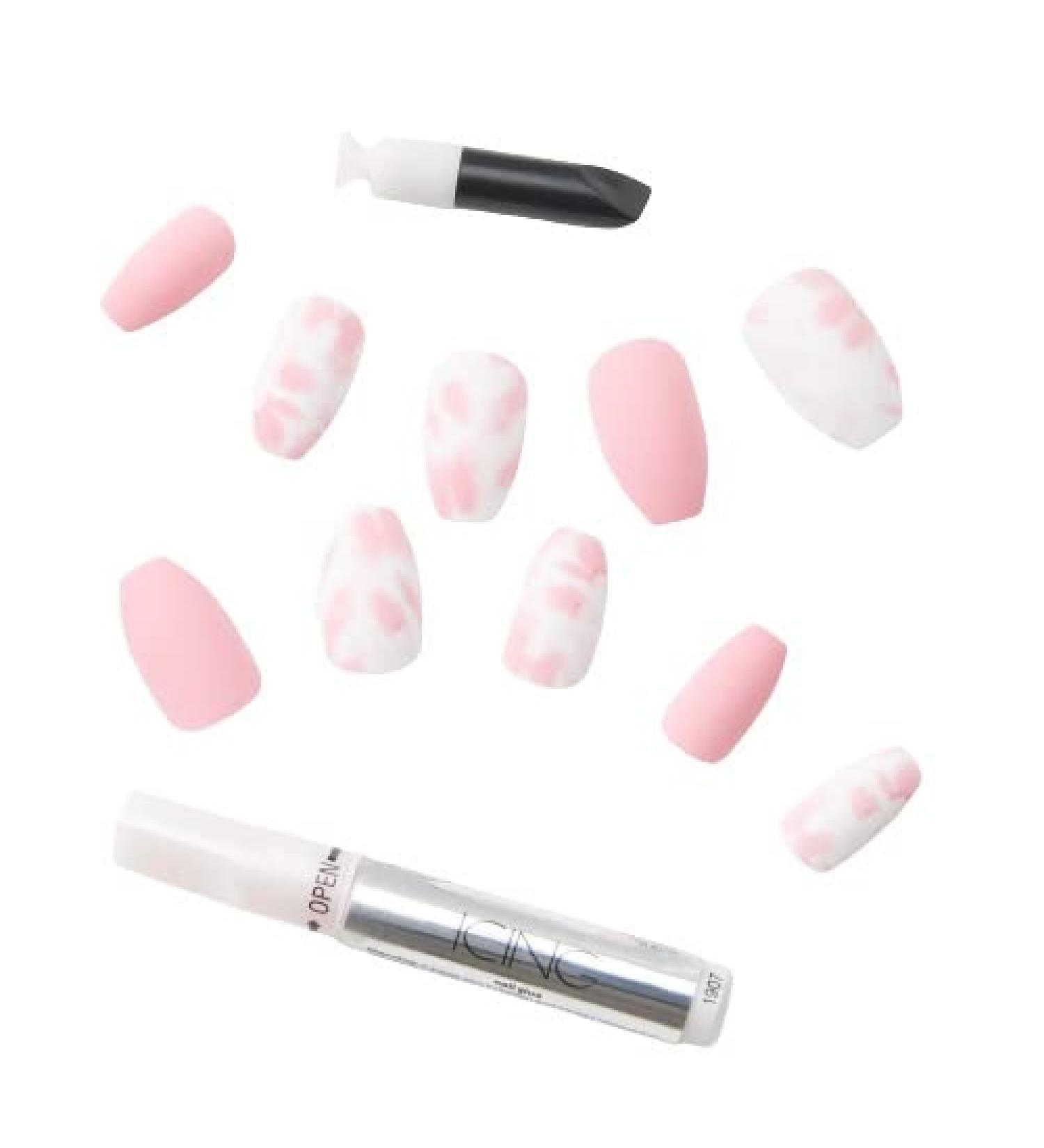 Claire's Pink Blush Tie Dye Vegan Faux Nail Set With Glue and Applicator- 24 Pack, Coffin