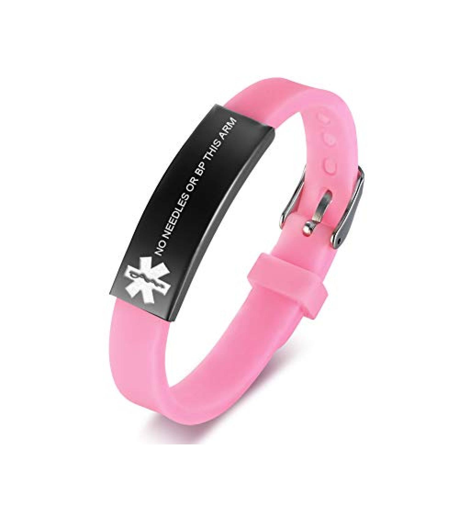 VNOX Medical Alert Bracelet - Stainless Steel ID Silicone Rubber Band, Adjustable for Men Women, Style 1-Pink - Buy Online on GoSupps.com