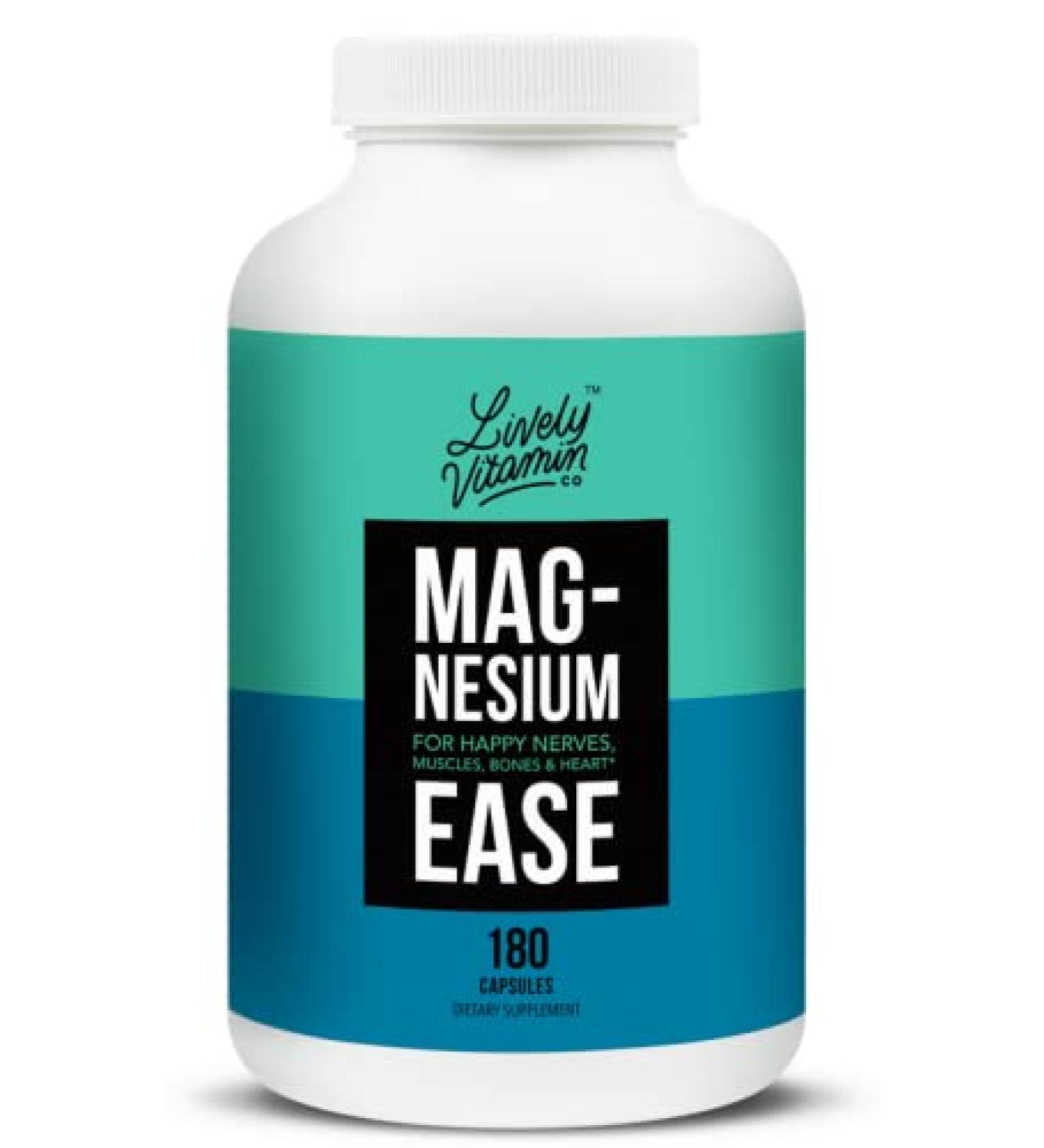 Lively Vitamin Co. Magnesium Ease | Chelated & Highly Bioavailable | Supports Tension, Stress, Nerves & Immune Function | Relief for RLS, Headache & Migraine | 180 Vegan Capsules - Buy Online on GoSupps.com