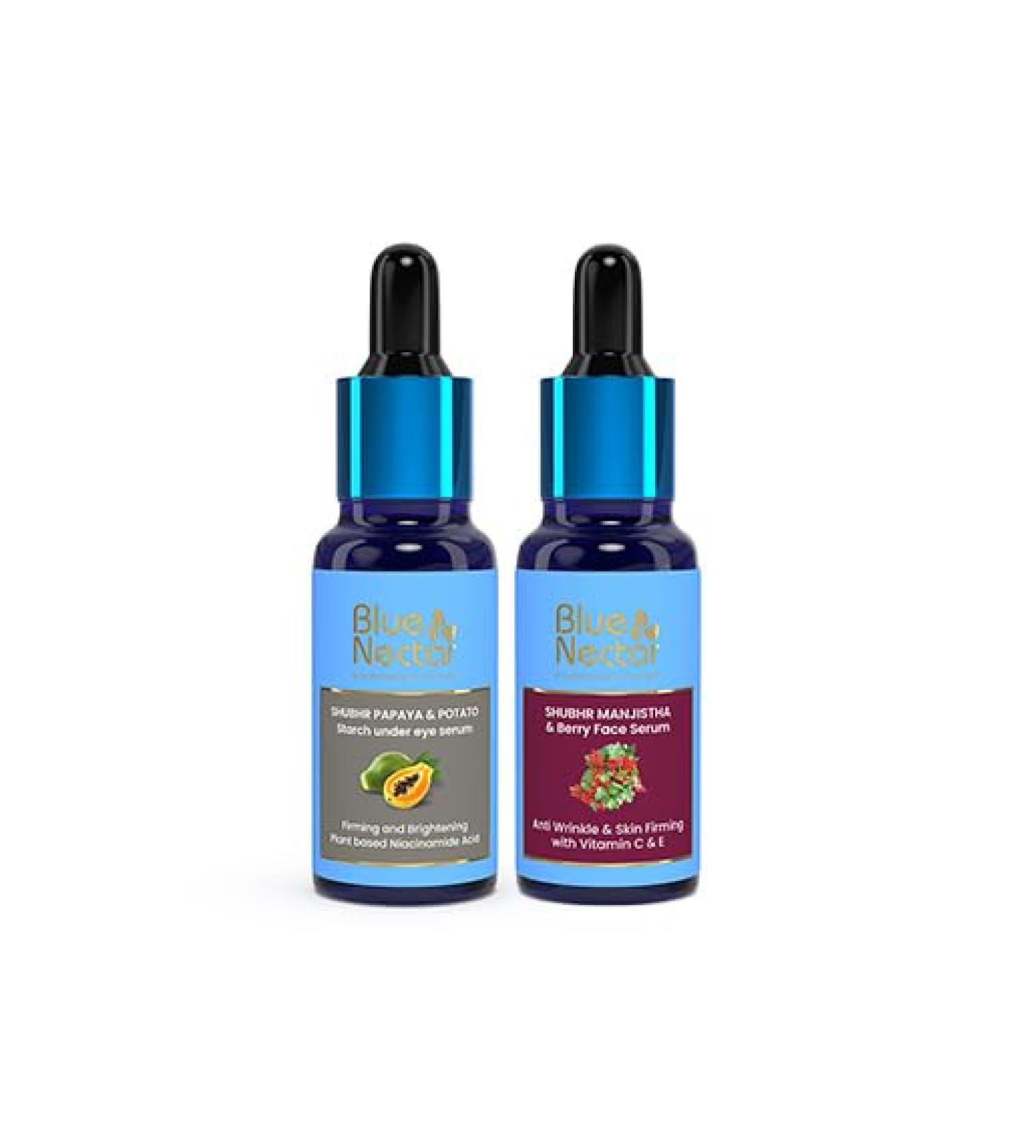 Blue Nectar Dark Circles Under Eye Serum with Plant Based Niacinamide from Potato (1Fl Oz) Paired with Manjistha Vitamin C Face Serum for Anti Wrinkle & Skin Firming (1FlOz) - Buy Online on GoSupps.com
