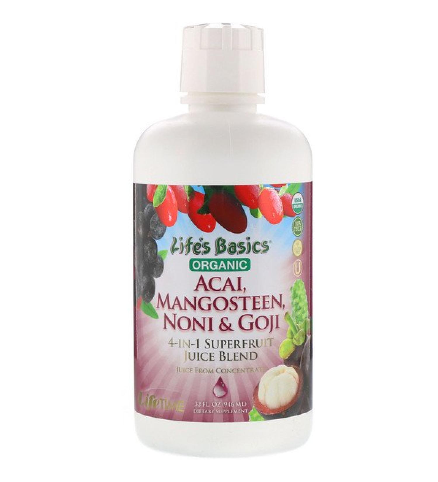 LifeTime Vitamins Organic 4-IN-1 Superfruit Juice Blend Acai Mangosteen Noni &Goji 32 fl oz (946 ml)