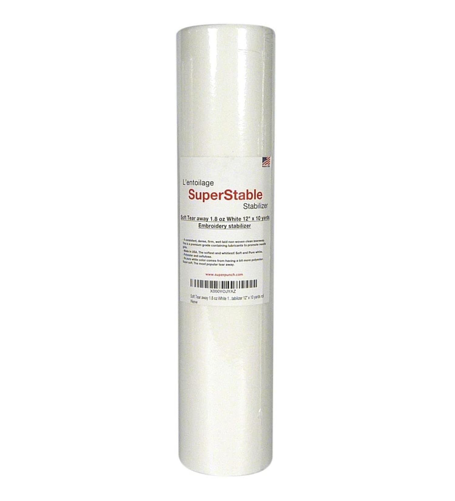 Superpunch Soft Tear Away Stabilizer 12x10 Yard Roll - Medium Weight Embroidery Backing - 1.8 oz Superstable Machine Stabilizers - Hand Sewing Support - Made in USA (White) - Buy Online on GoSupps.com