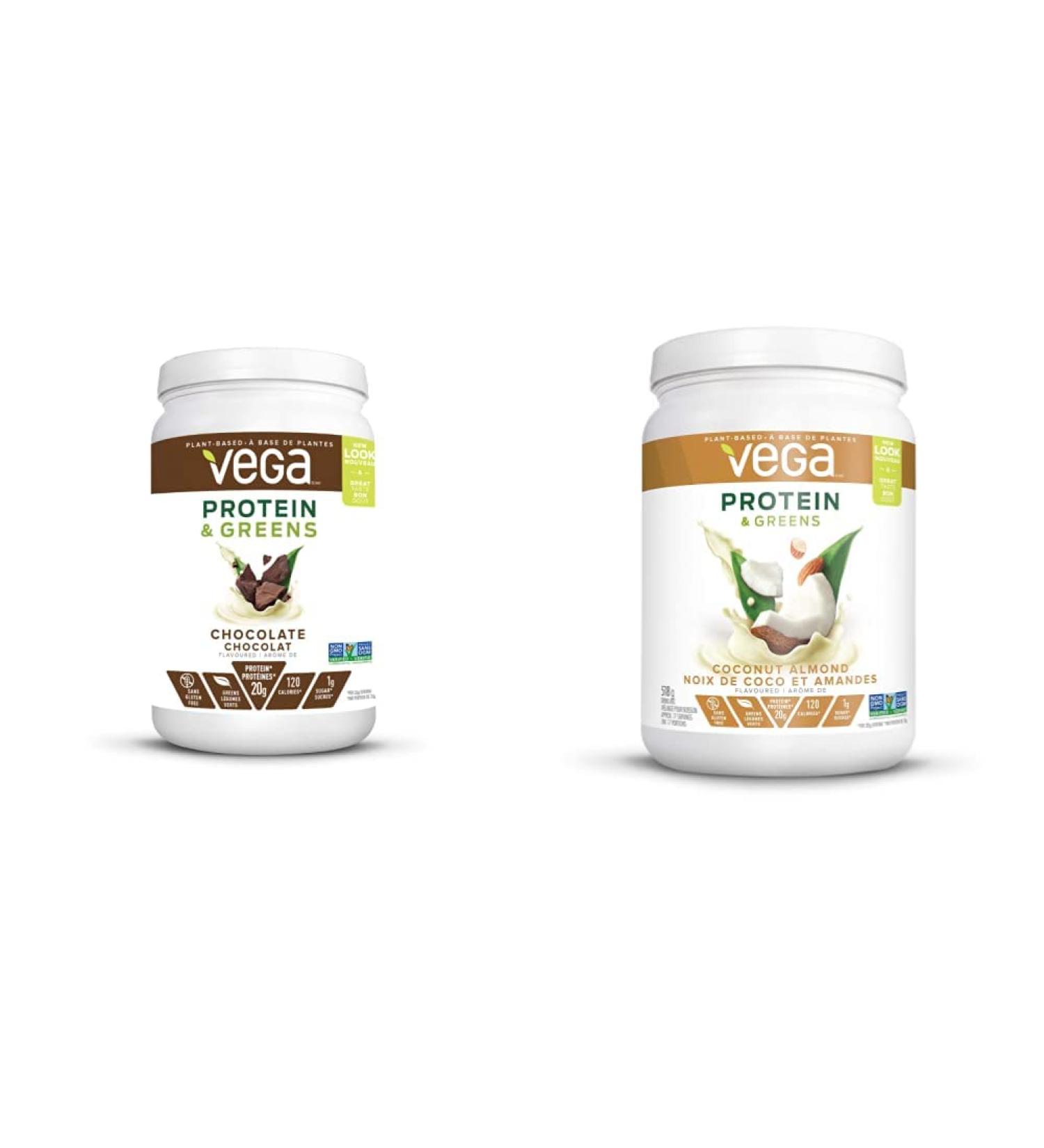 Vega Protein and Greens Chocolate (19 Servings) | Coconut Almond (18 Servings) Plant Based Protein Powder Plus Veggies - Buy Online on GoSupps.com