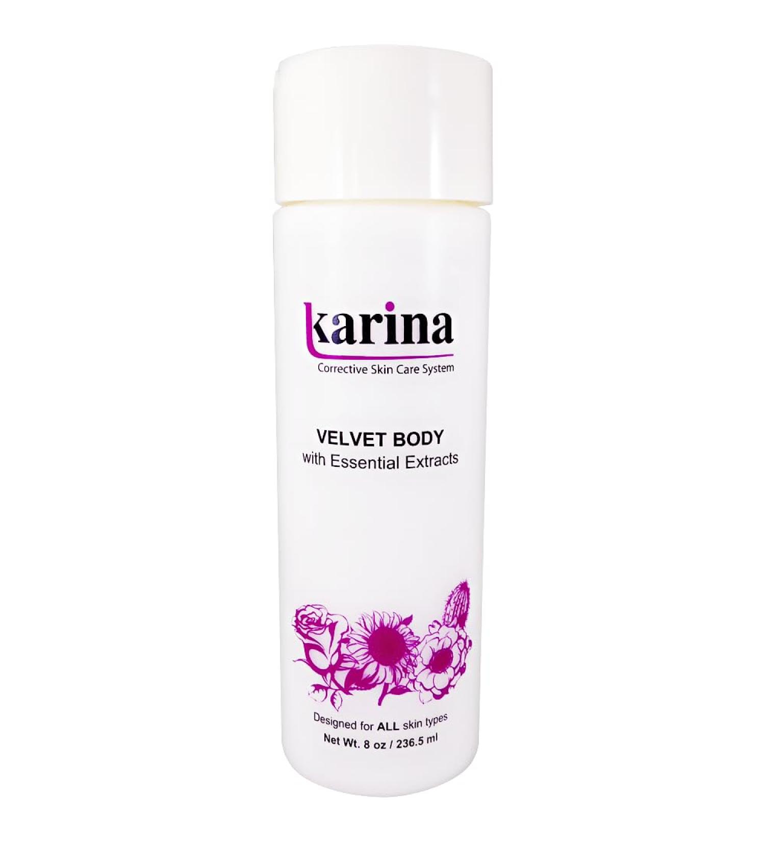 Karina Velvet Body Lotion with Essential Extracts Hydrating Moisturizing Lotion for Women & Men All Skin Types Fast Absorbing Dry Skin Lotion Gentle Care 8 oz Travel Size Body Lotion