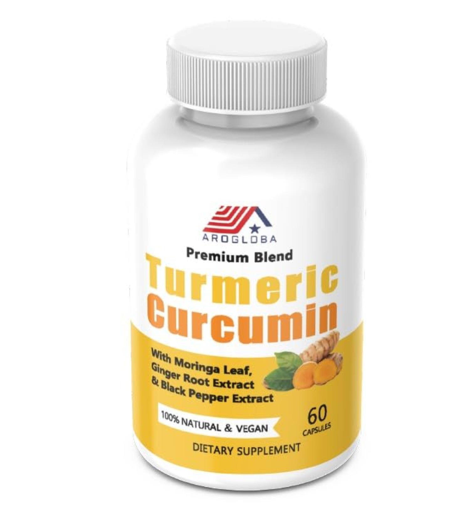 AROGLOBA Premium Turmeric Curcumin 60 Capsules Vegan Supplement with Moringa Leaf Ginger Root & Black Pepper Extract - Buy Online on GoSupps.com