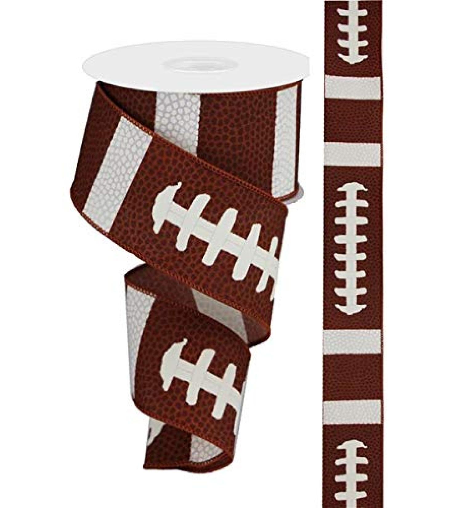 Football Laces Wired Ribbon : Brown White : 2.5" X 10 Yards : RG1093 2.5 inch White,Brown