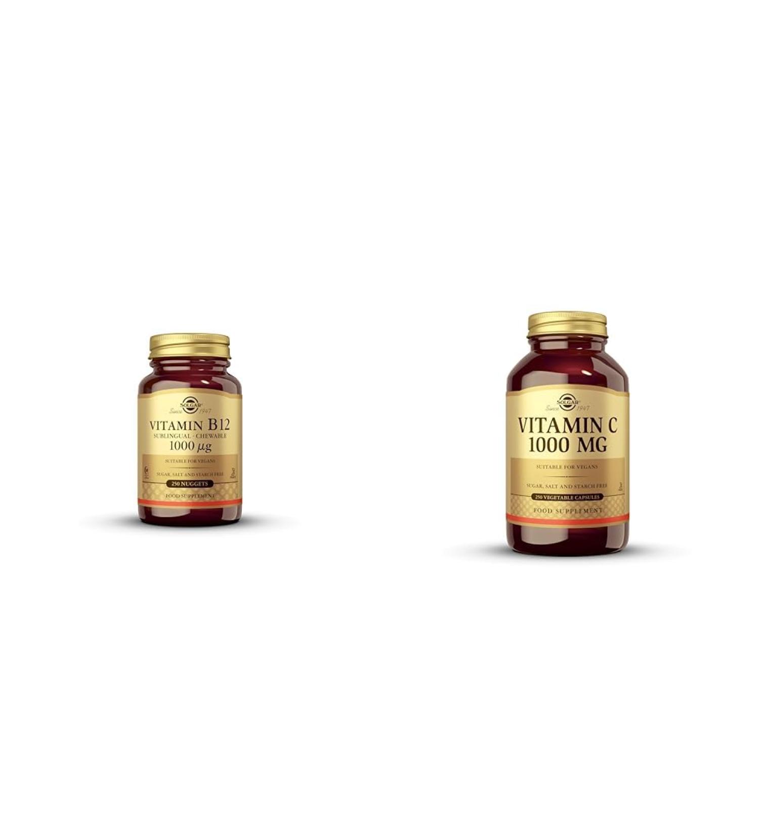 SOLGAR Vitamin B12 1000 mcg 250 Nuggets & Vitamin C 1000 mg 250 Vegetable Capsules - Antioxidant & Immune Support - Buy Online on GoSupps.com