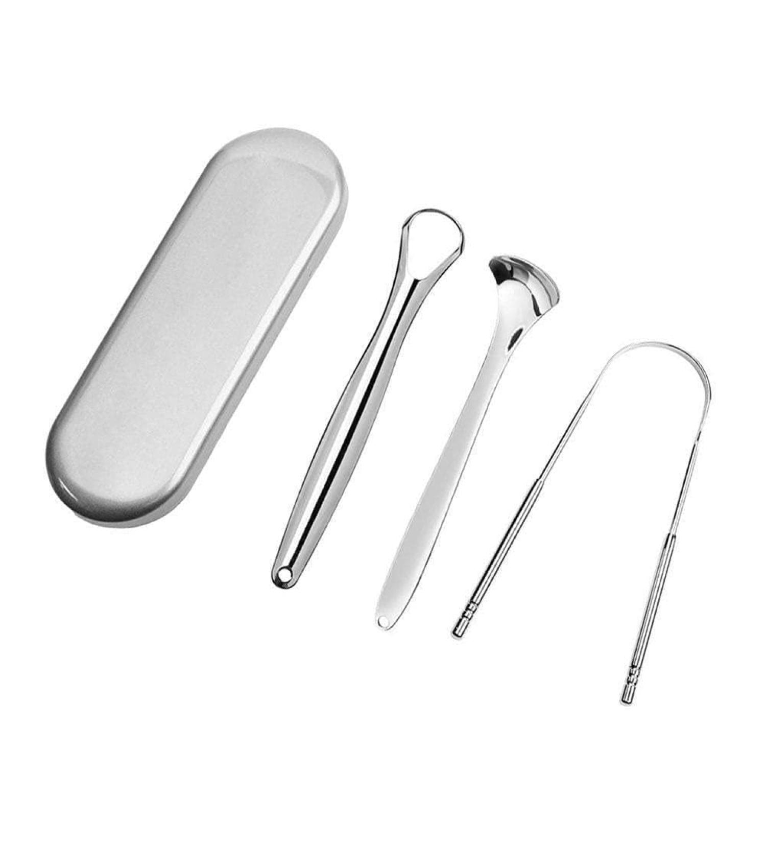 3-Piece Steel Tongue Scraper Kit | Metal Brush Dental Tools with Travel Case | Adult Tongue Cleaner - Silver - Buy Online on GoSupps.com