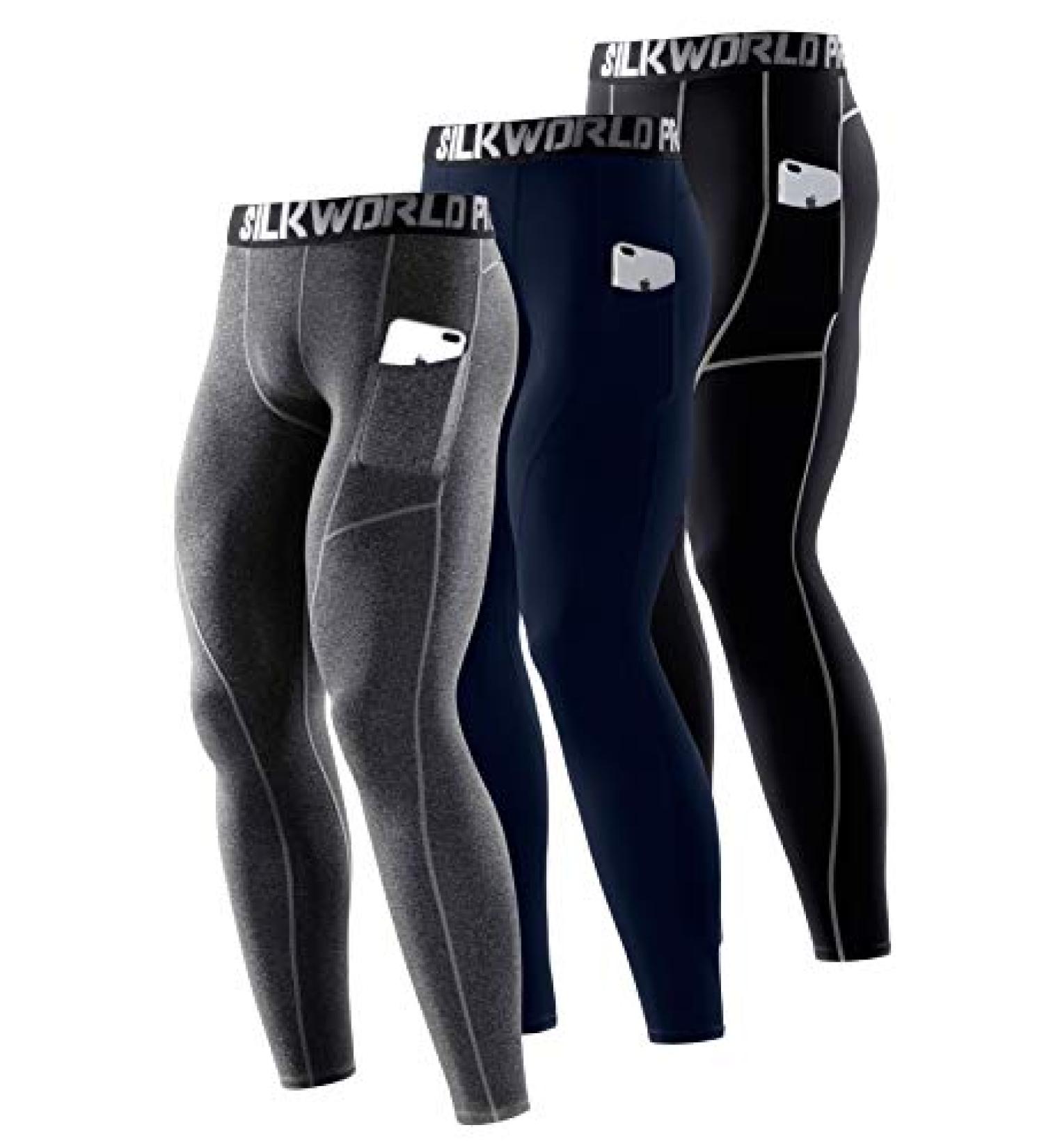 SILKWORLD Men's Compression Pants with Pockets - Cool Dry Gym Leggings for Running - Dark Navy Blue/Black/Grey Stripe - Large - Buy Online on GoSupps.com
