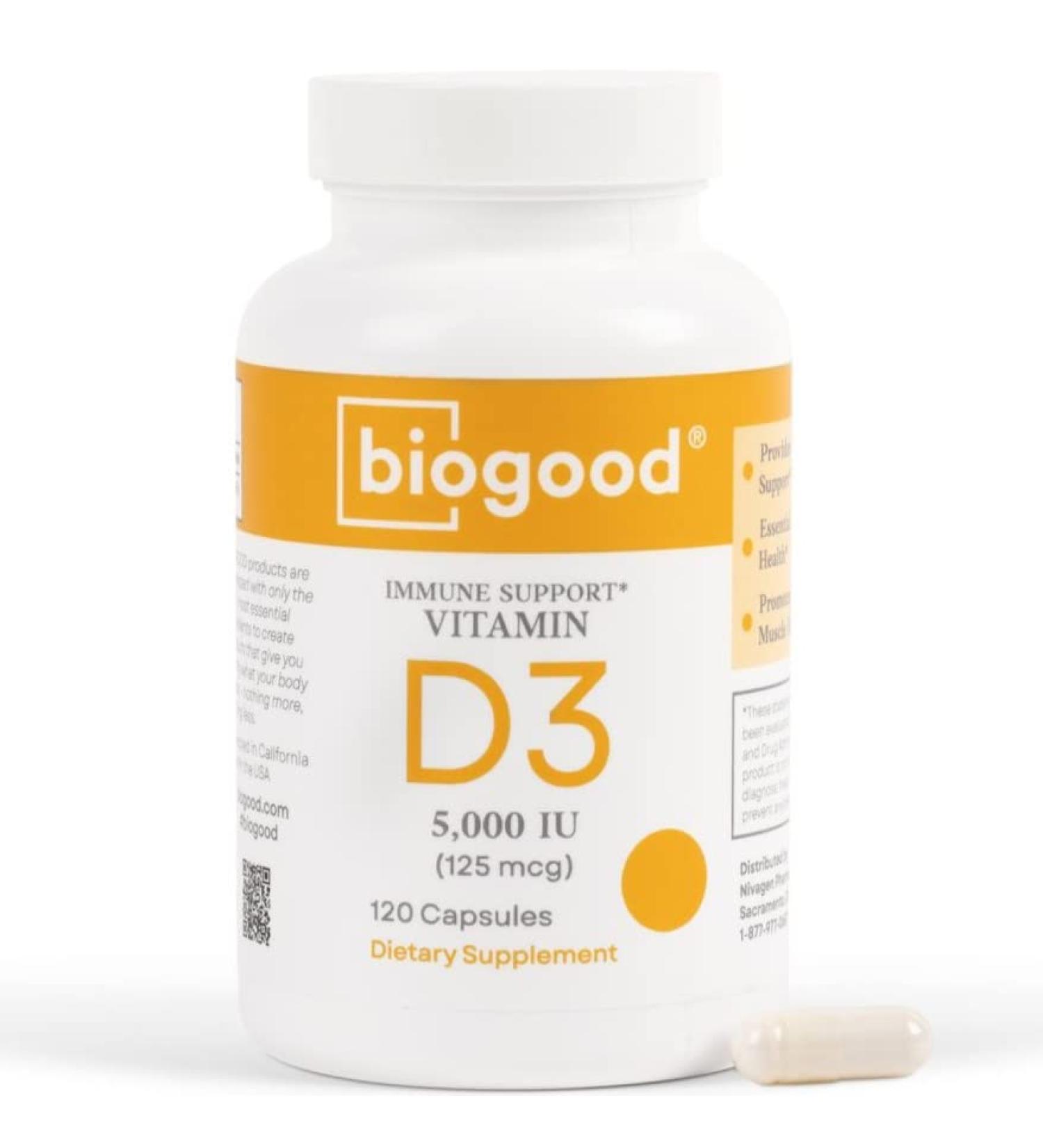 Biogood Vitamin D3 5000iu Daily Supplement - 120 Capsules | Non-GMO, Gluten-Free, Nut-Free, Soy-Free - Buy Online on GoSupps.com