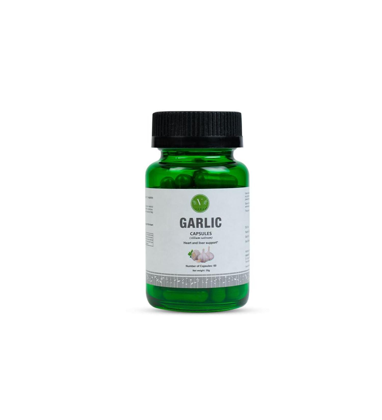 Vanan Garlic 100% Ayurvedic Dietary Supplements | 60 Capsules | Heart & Liver Care | Immunity Boosts | Regulates Blood Pressure & Cholesterol | Vegan - Buy Online on GoSupps.com
