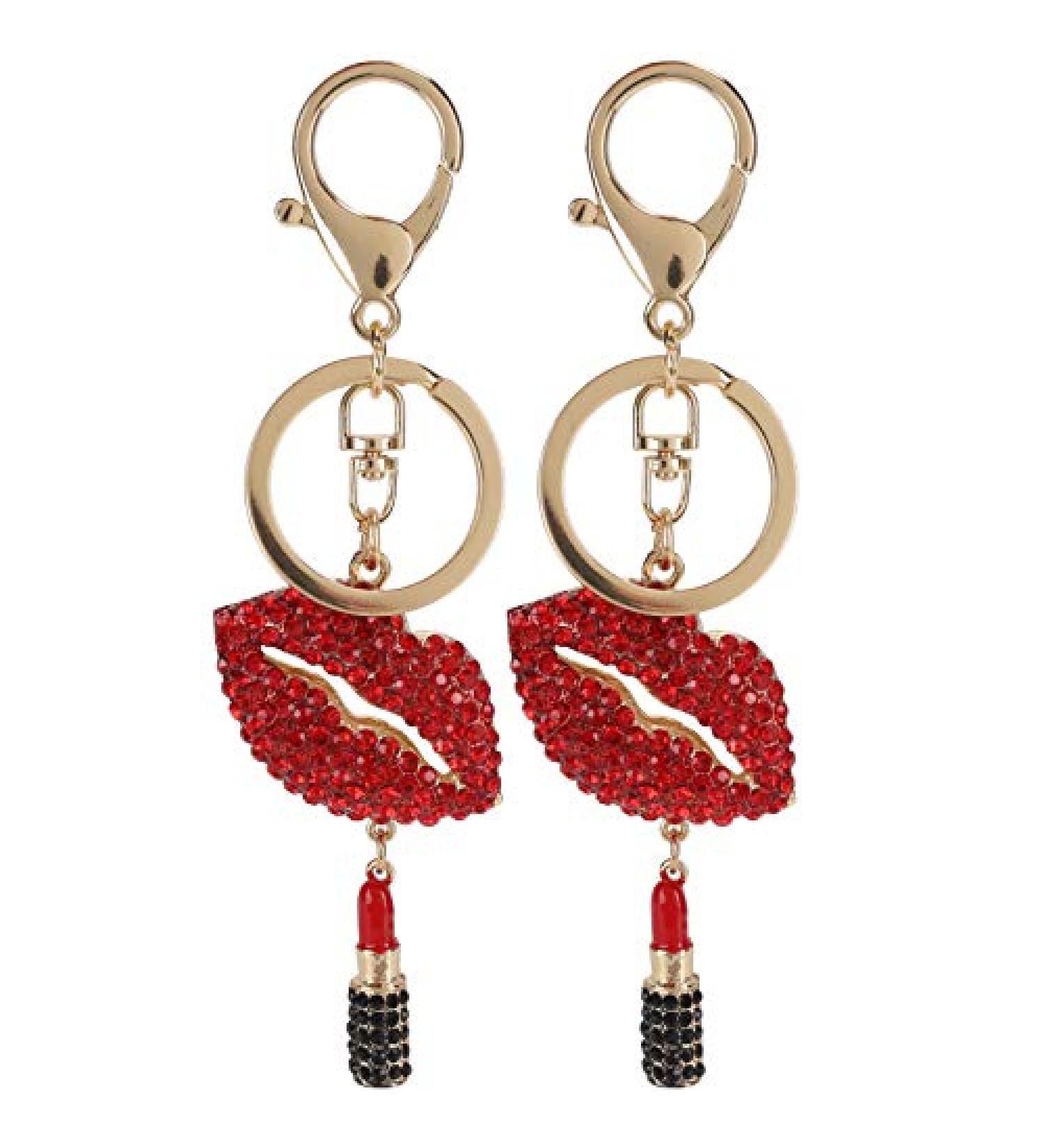 2Pcs Sparkling Lips & Lipstick Keychain Set - Red Bling Charm for Keys, Purse, Bags - Buy Online on GoSupps.com
